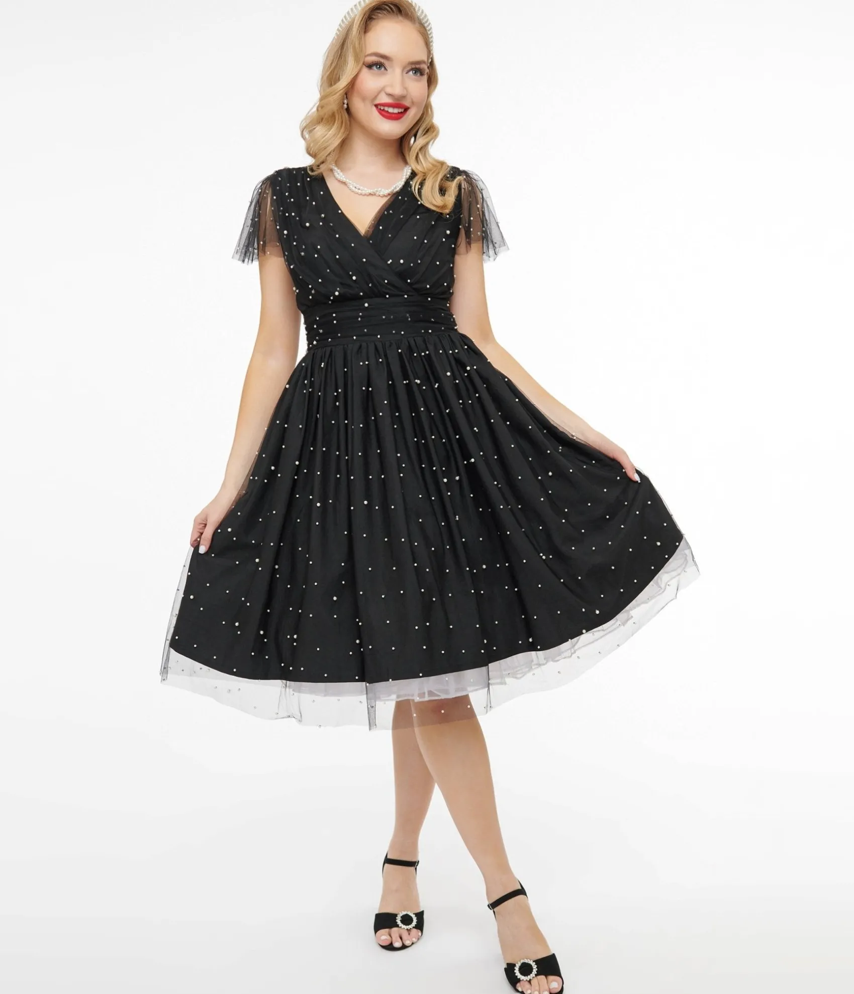 Unique Vintage Magnolia Place 1950s Black Faux Pearl Swing Dress Flash Sale