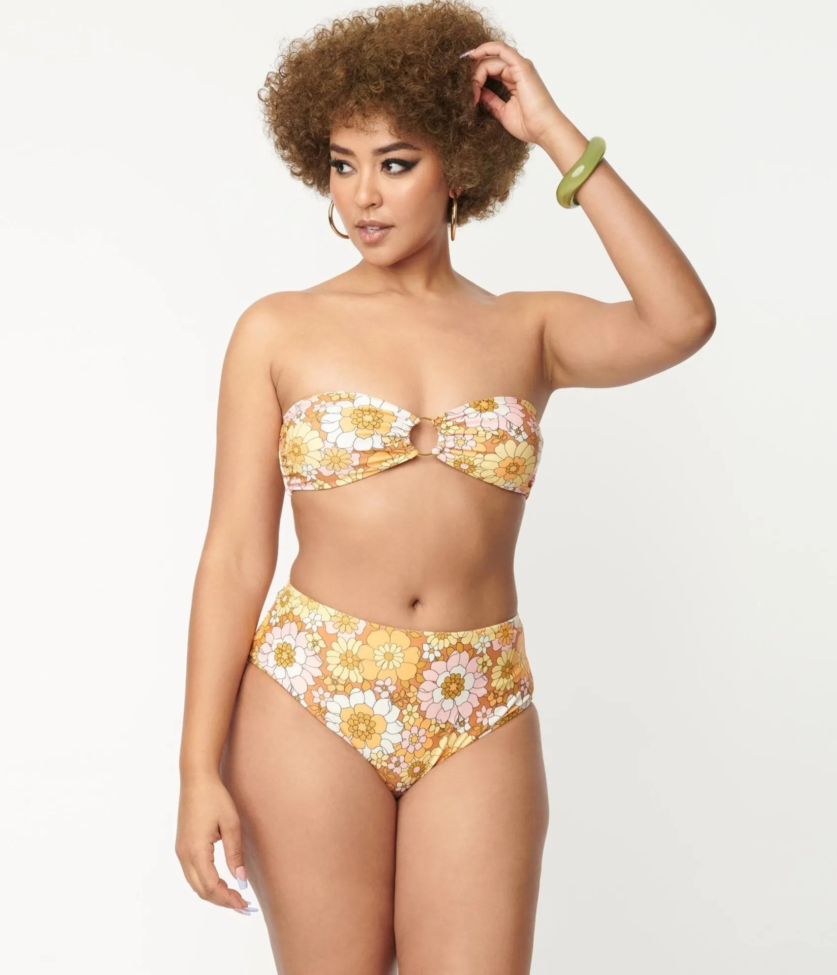 Unique Vintage Magnolia Place 1970s Mustard Floral Print Two Piece Swimsuit Discount