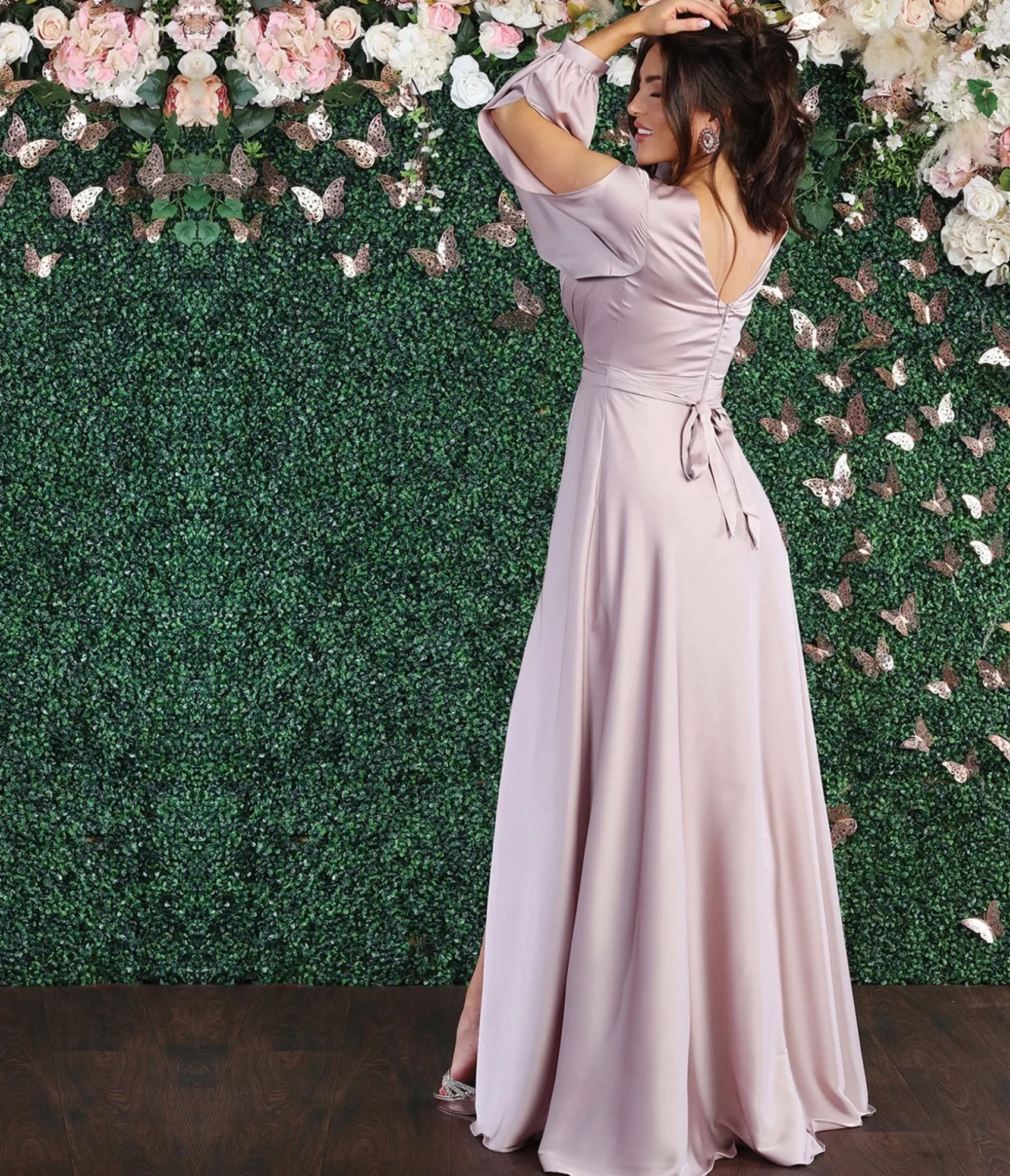 Unique Vintage Mauve Satin Long Sleeve Goddess Gown Flash Sale