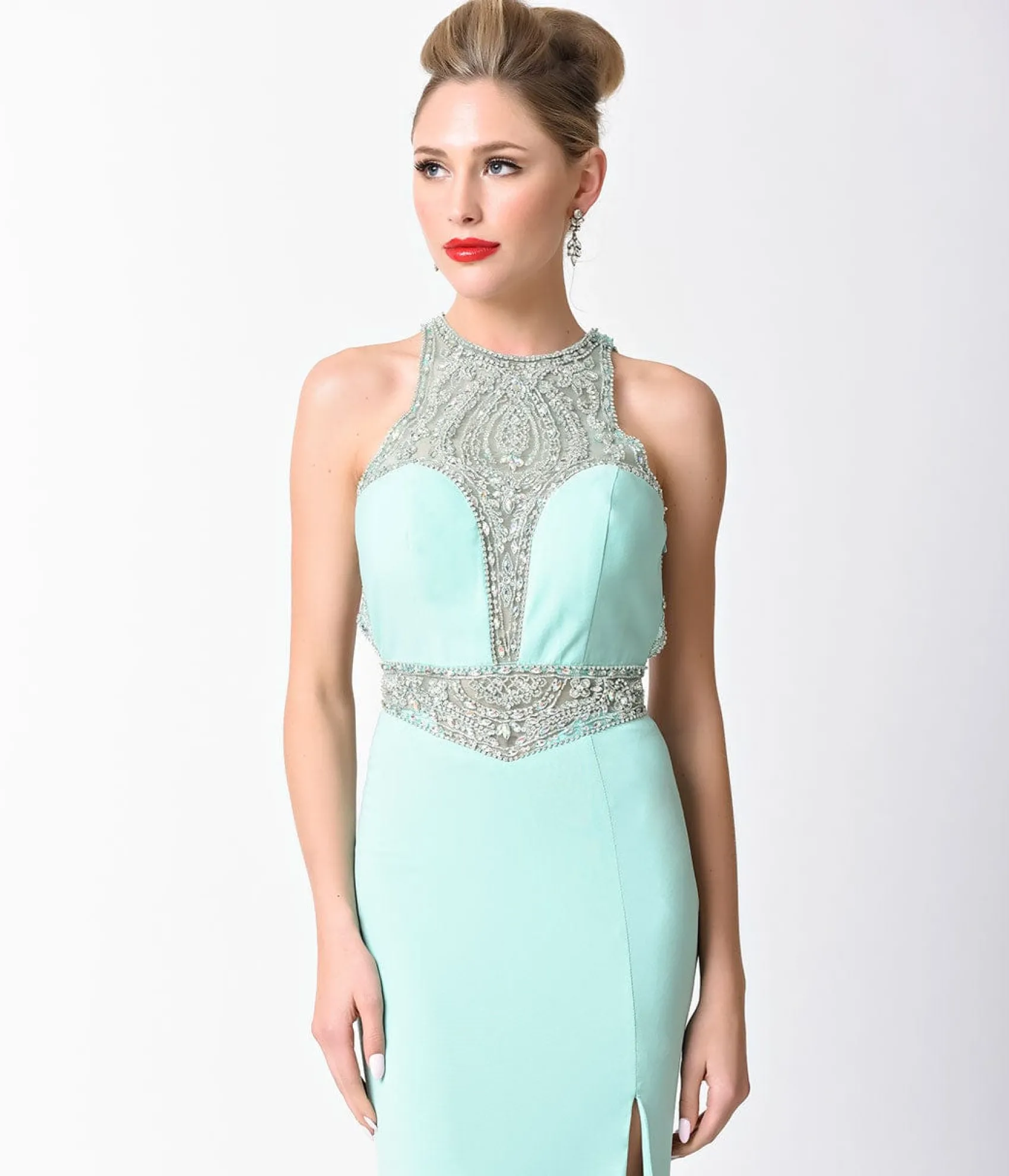 Unique Vintage Mint Blue Fitted Jeweled Split Long Dress Store