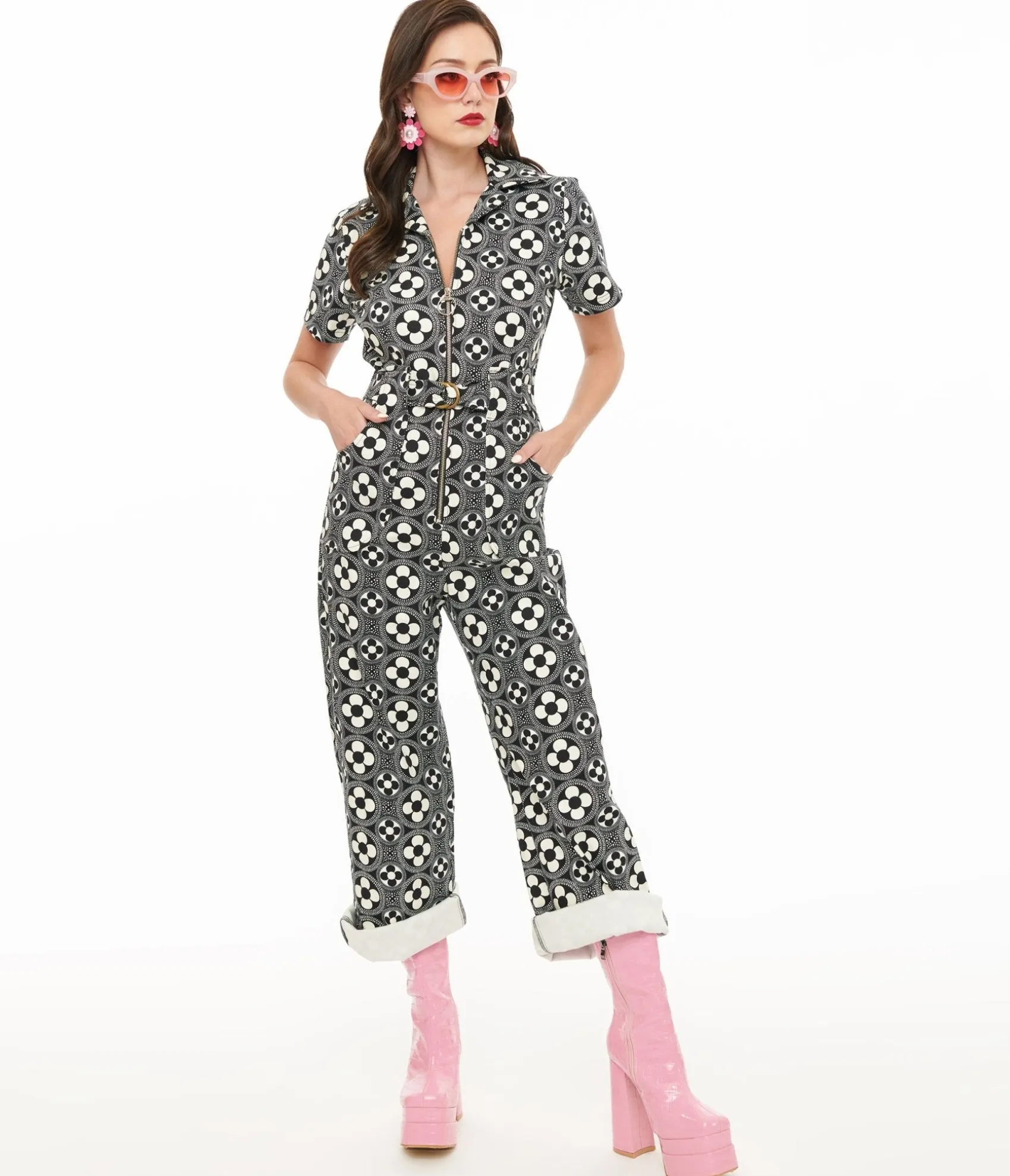 Unique Vintage Miracle Eye Black & White Floral Jumpsuit Discount