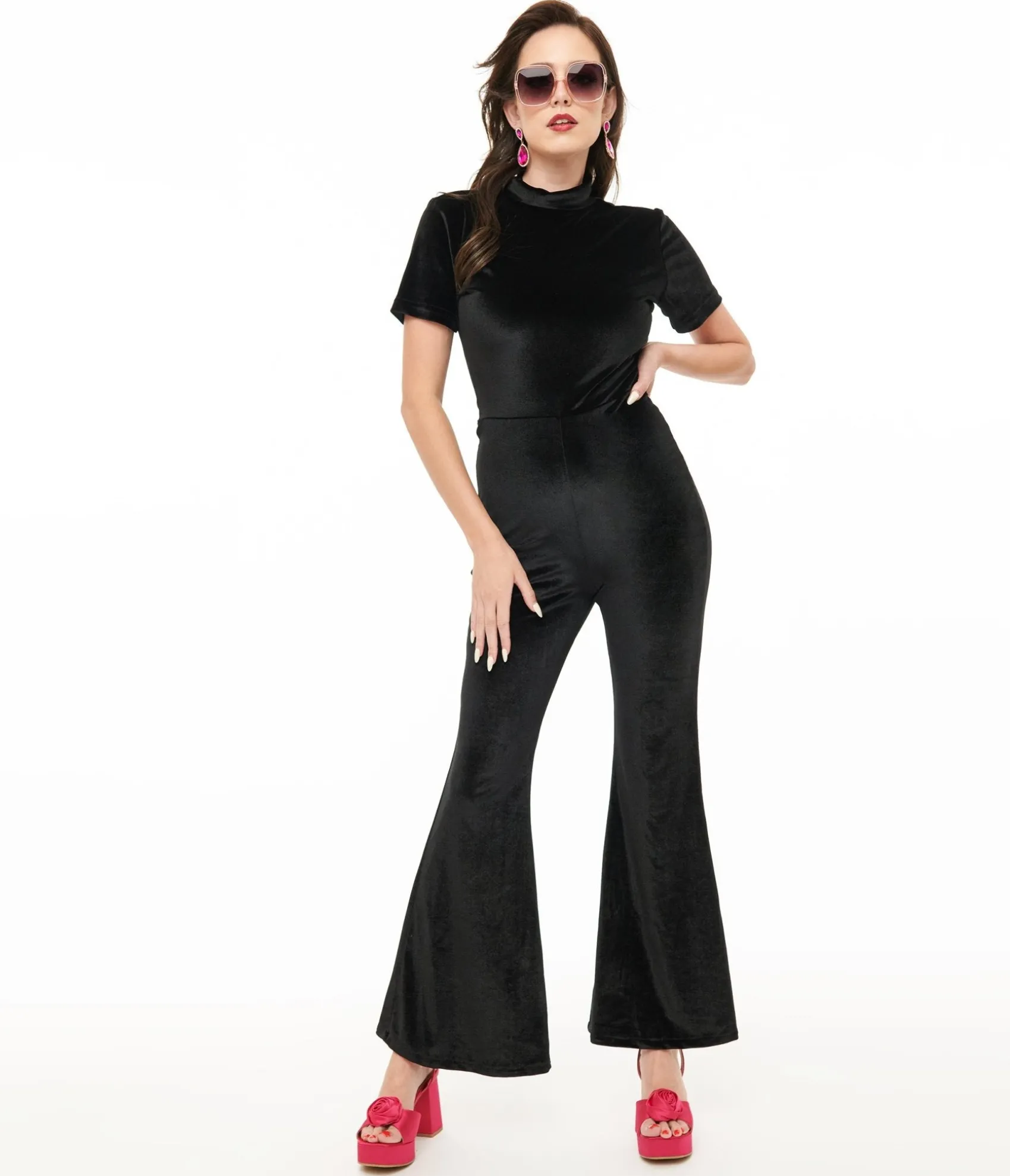 Unique Vintage Miracle Eye Black Velvet Bell Bottom Jagger Jumpsuit Fashion