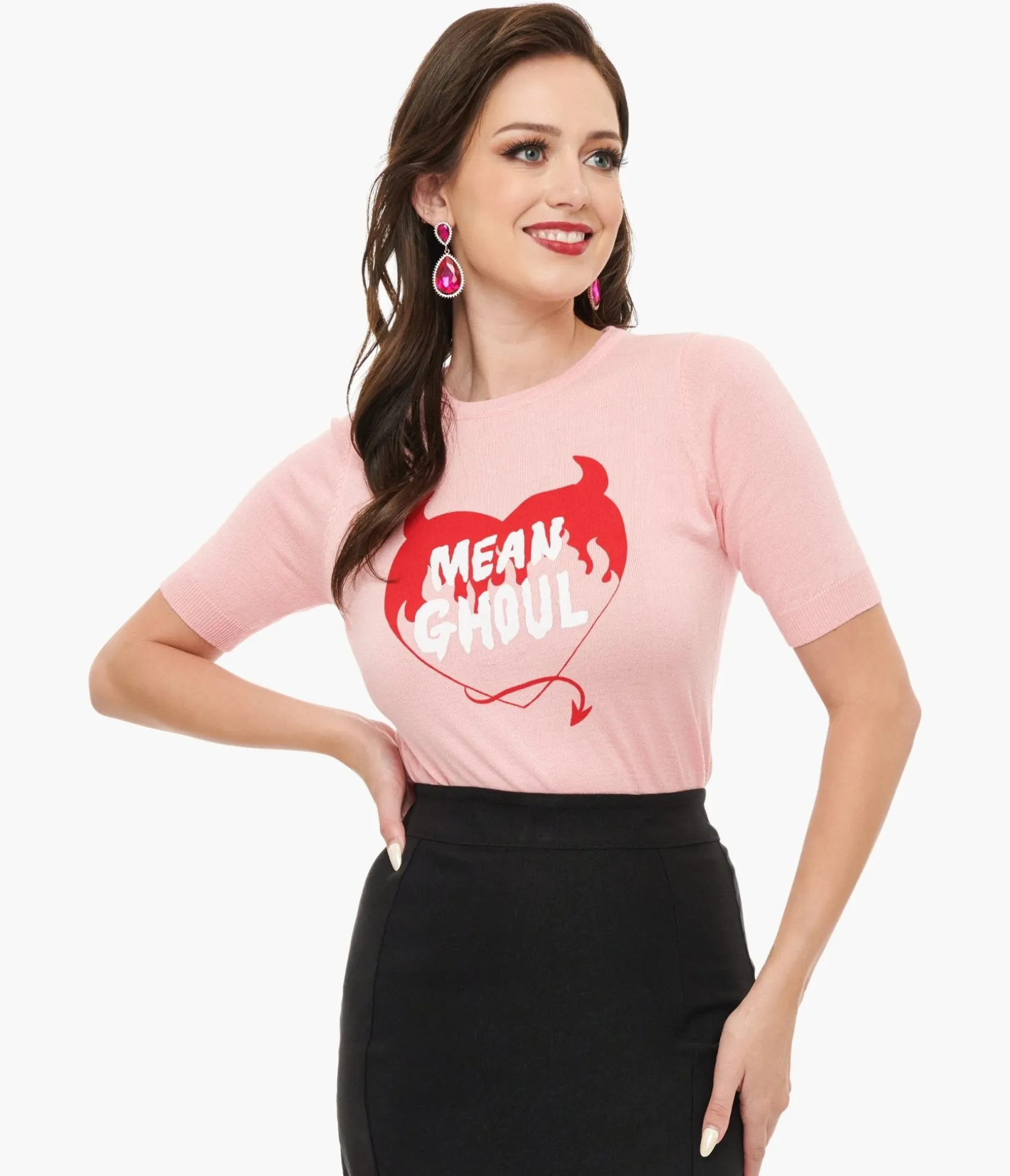 Unique Vintage Mischief Made Pink Mean Ghoul Short Sleeve Sweater Discount