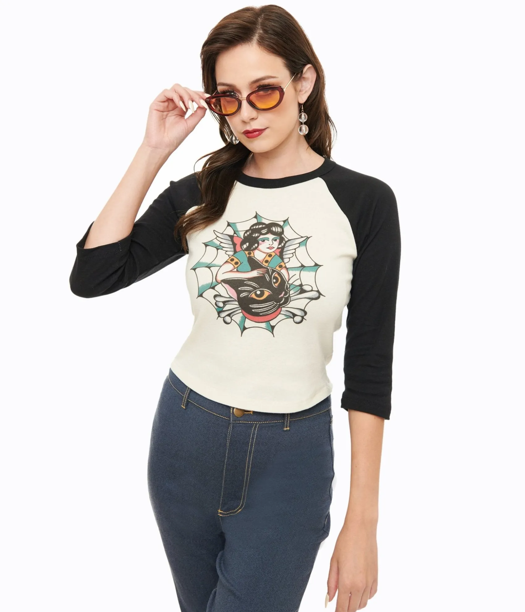 Unique Vintage Mischief Made White & Black The Outlaw Lady Cat Cropped Graphic Tee Store