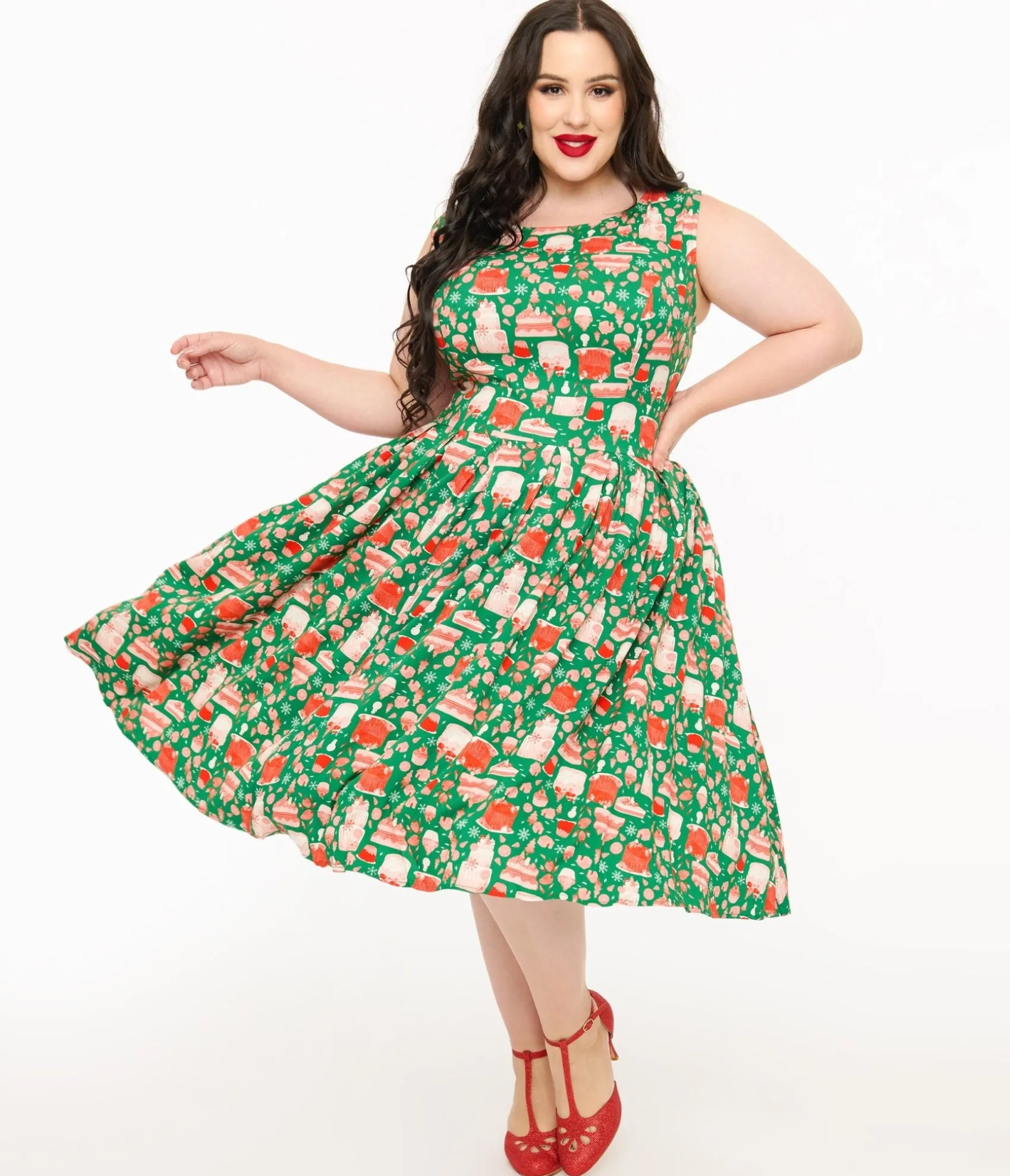 Unique Vintage Miss Lulo Plus Size 1950s Green & Red Holiday Cake Lily Swing Dress Discount