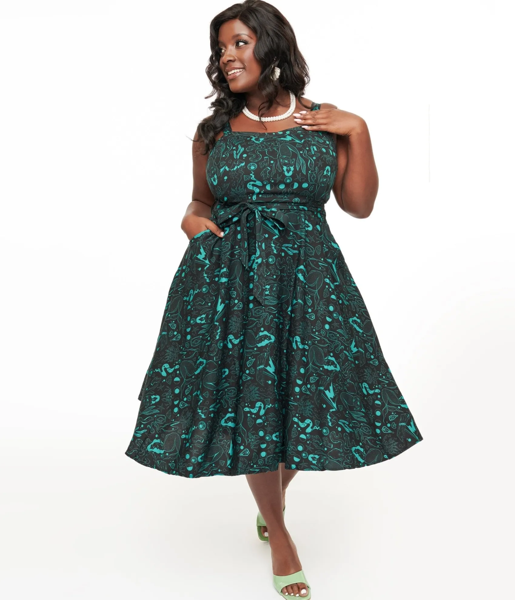 Unique Vintage Miss Lulo Plus Size 1950s Teal Sea Witch Print Lori Swing Dress Hot