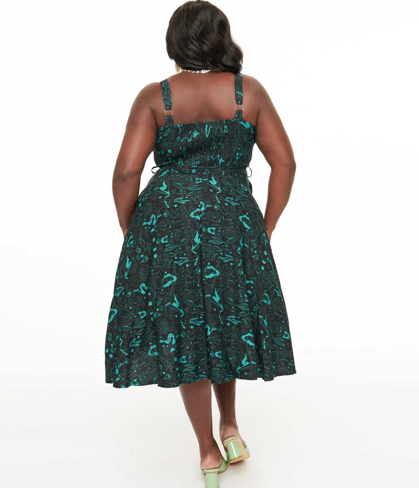 Unique Vintage Miss Lulo Plus Size 1950s Teal Sea Witch Print Lori Swing Dress Hot