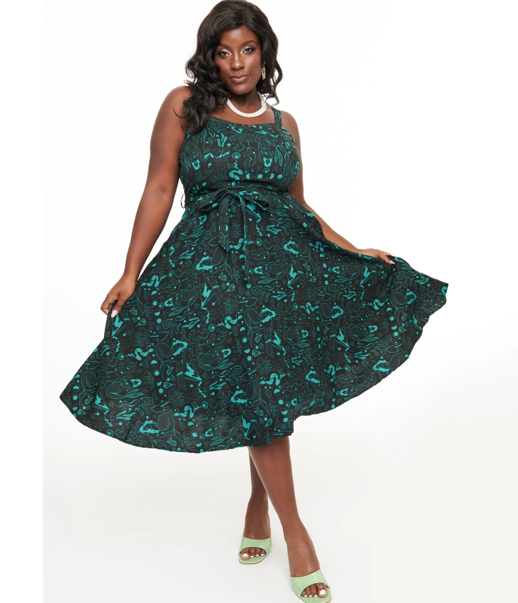 Unique Vintage Miss Lulo Plus Size 1950s Teal Sea Witch Print Lori Swing Dress Hot