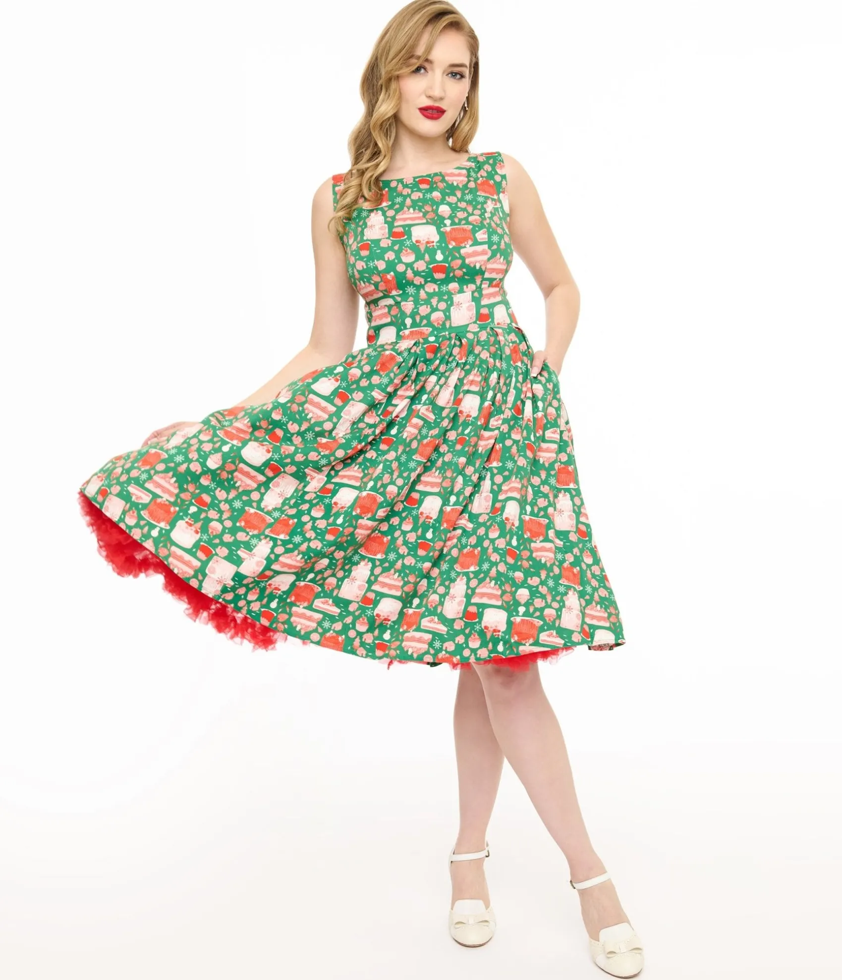 Unique Vintage Miss Lulo 1950s Green & Red Holiday Cake Lily Swing Dress Store
