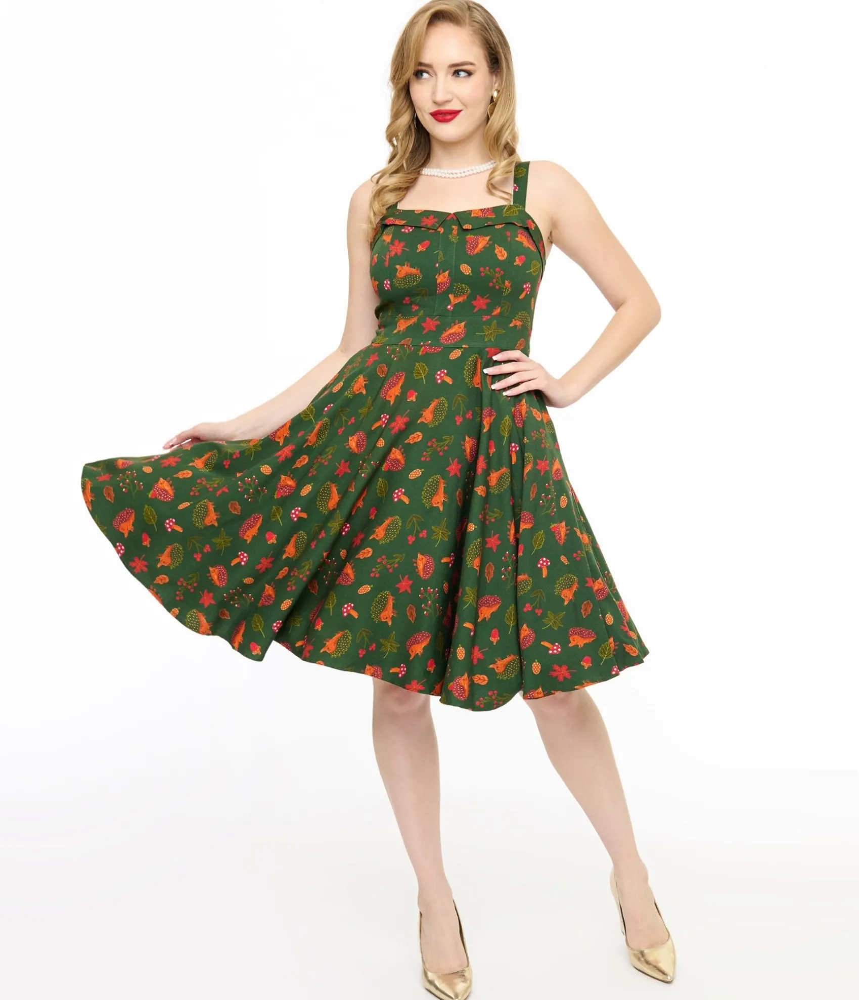 Unique Vintage Miss Lulo 1950s Green Hedgehog Forest Print Kyla Fit & Flare Dress Best Sale