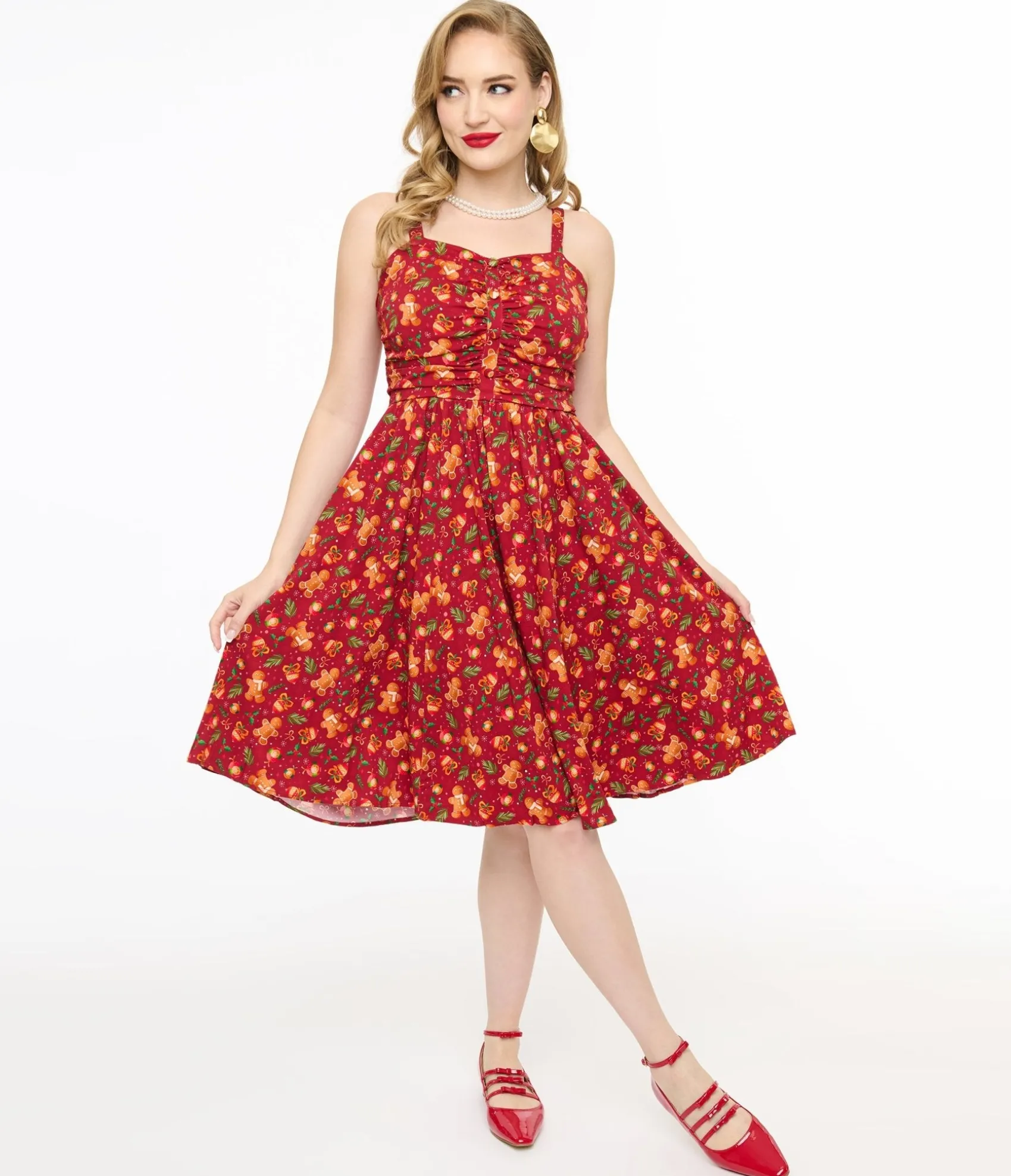 Unique Vintage Miss Lulo 1950s Red Gingerbread Man Print Eden Fit & Flare Dress Cheap