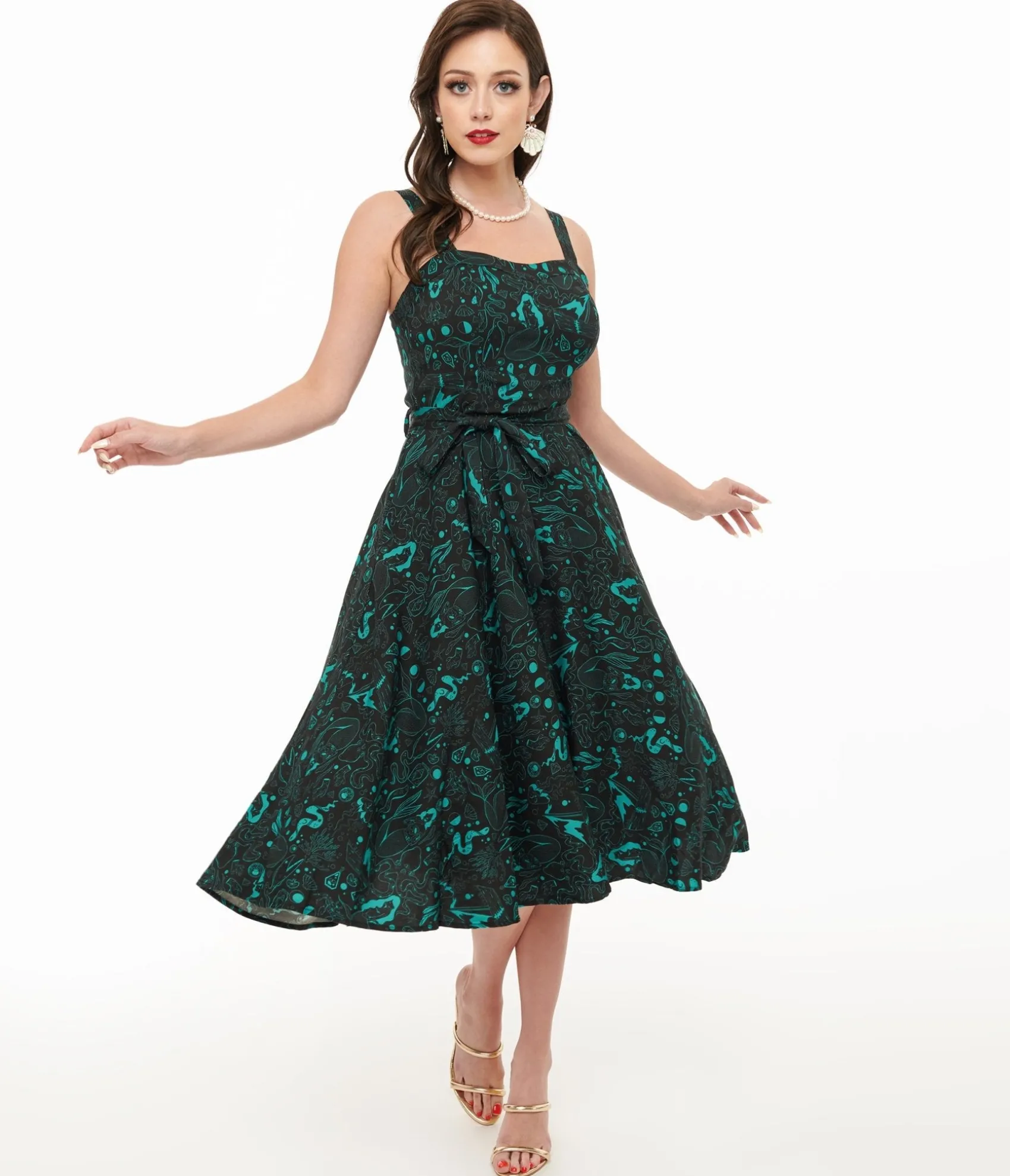 Unique Vintage Miss Lulo 1950s Teal Sea Witch Print Lori Swing Dress Shop