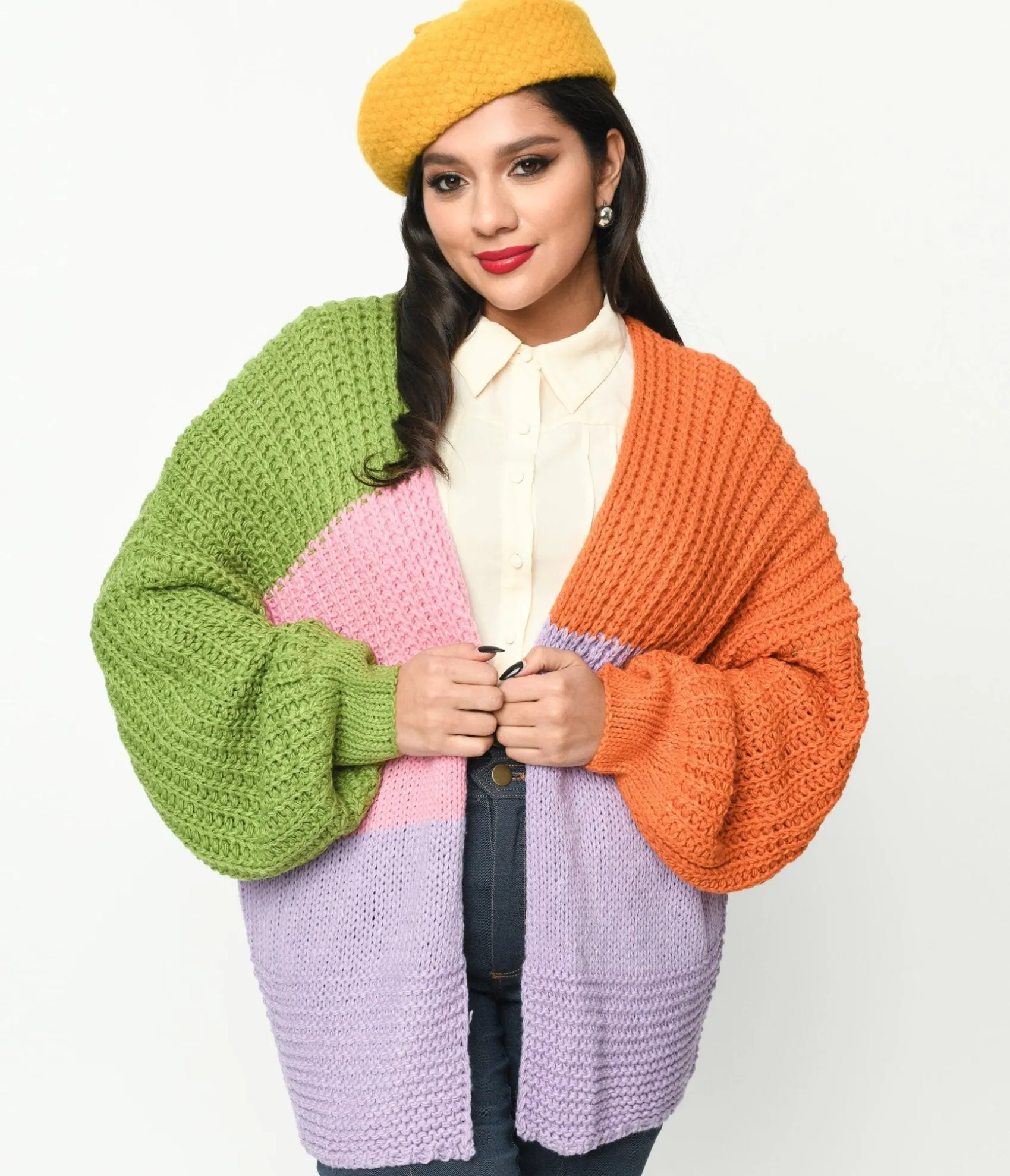 Unique Vintage Multicolor Color Block Open Cardigan Fashion