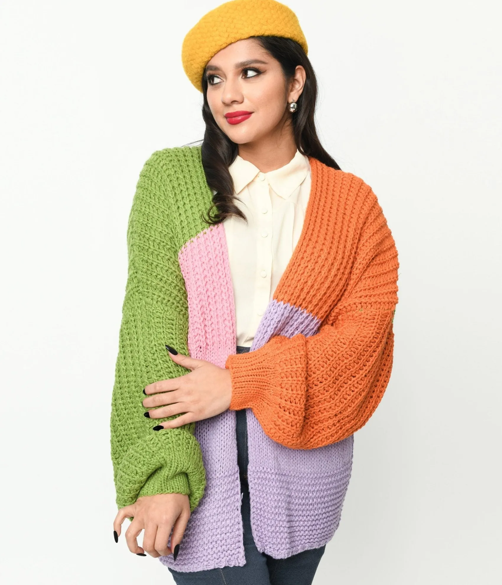 Unique Vintage Multicolor Color Block Open Cardigan Fashion