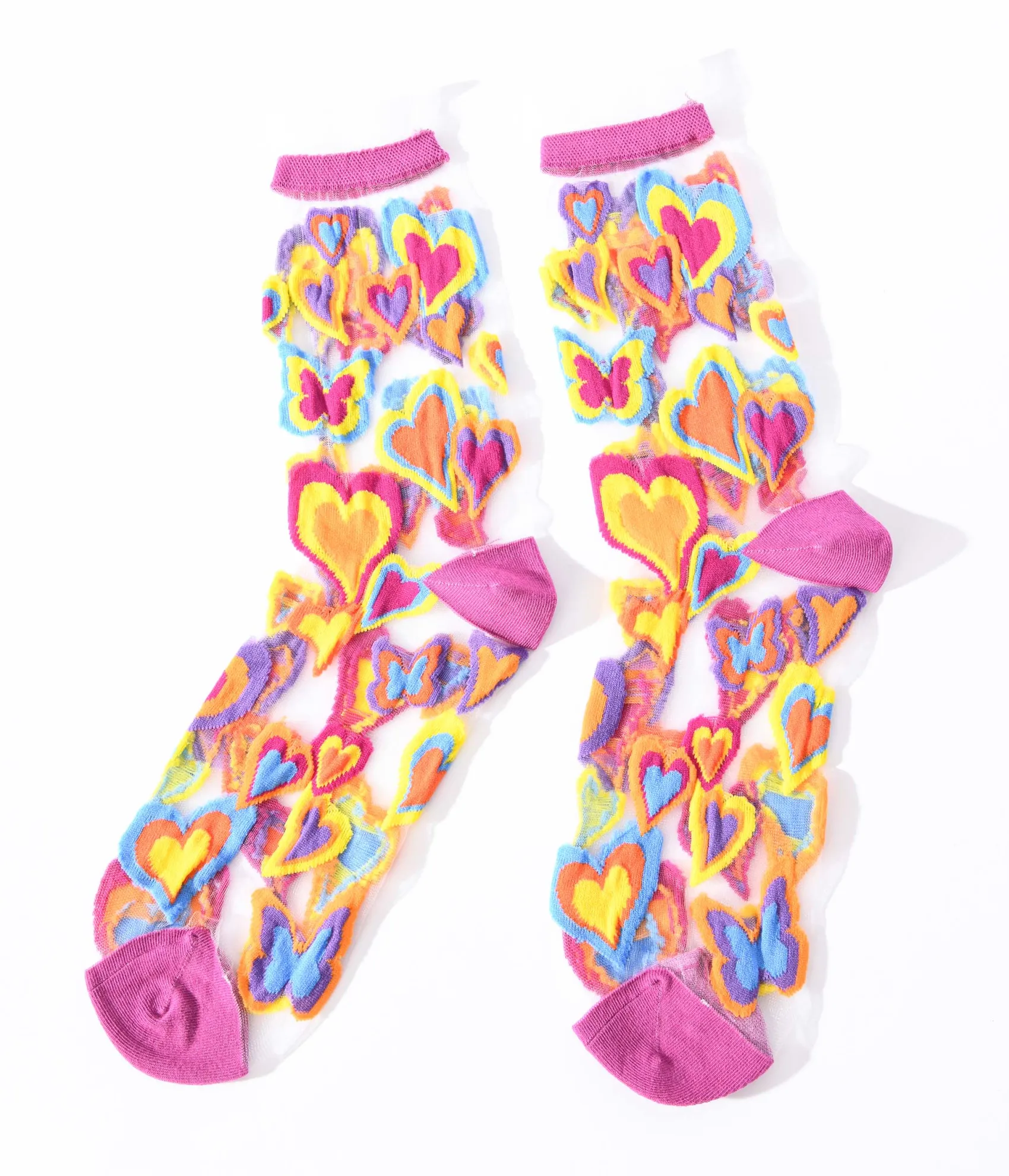Unique Vintage Multicolor Hearts Sheer Ruffle Crew Socks Fashion