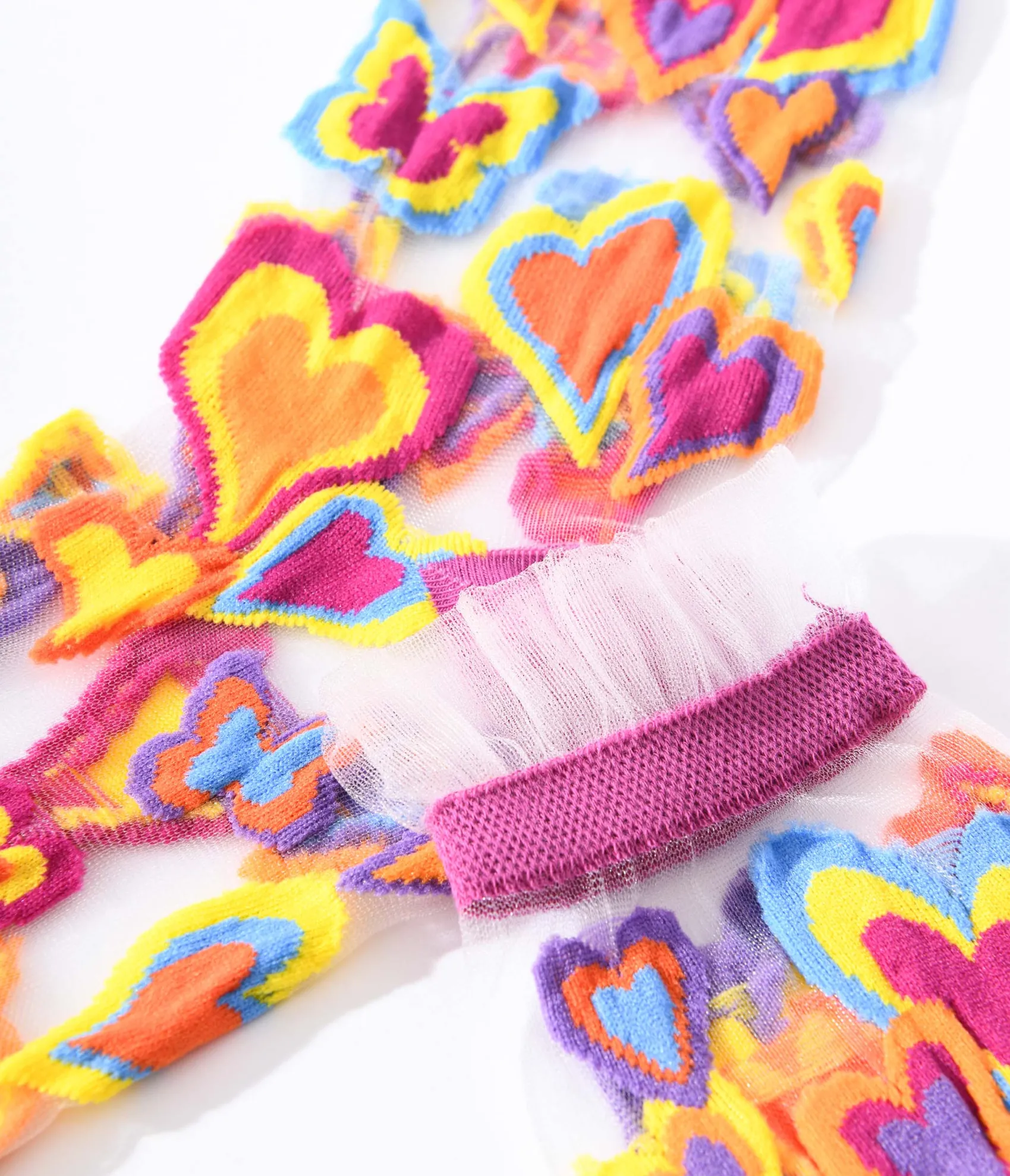 Unique Vintage Multicolor Hearts Sheer Ruffle Crew Socks Fashion