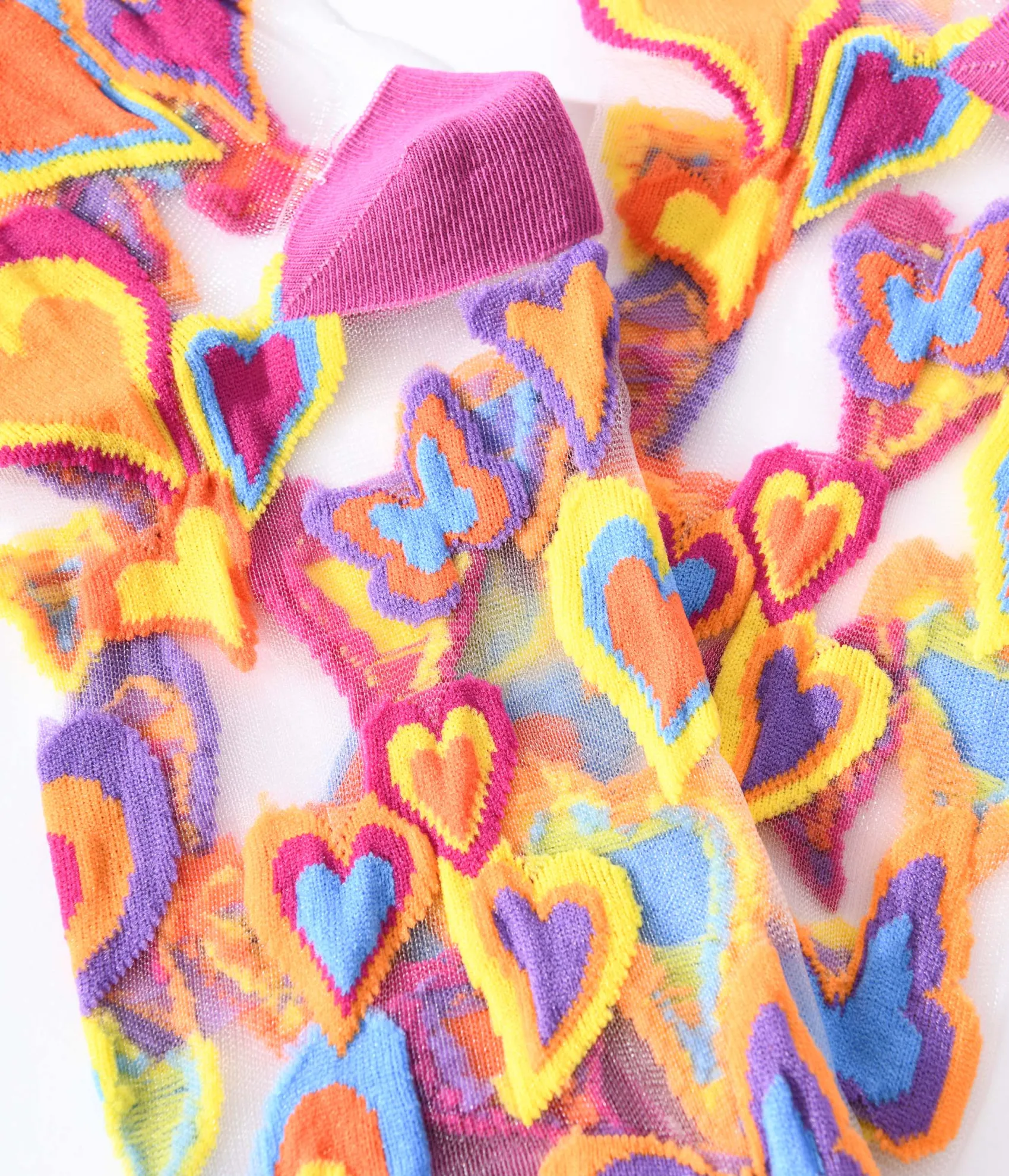 Unique Vintage Multicolor Hearts Sheer Ruffle Crew Socks Fashion