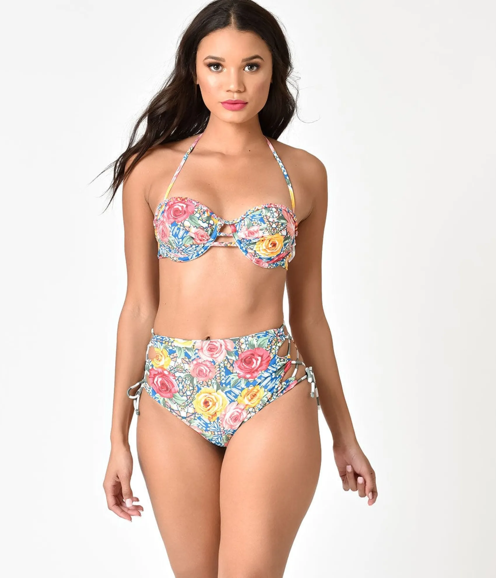 Unique Vintage Multicolor Roses Mosaic & Green Stripe Reversible Swim Bottoms Outlet