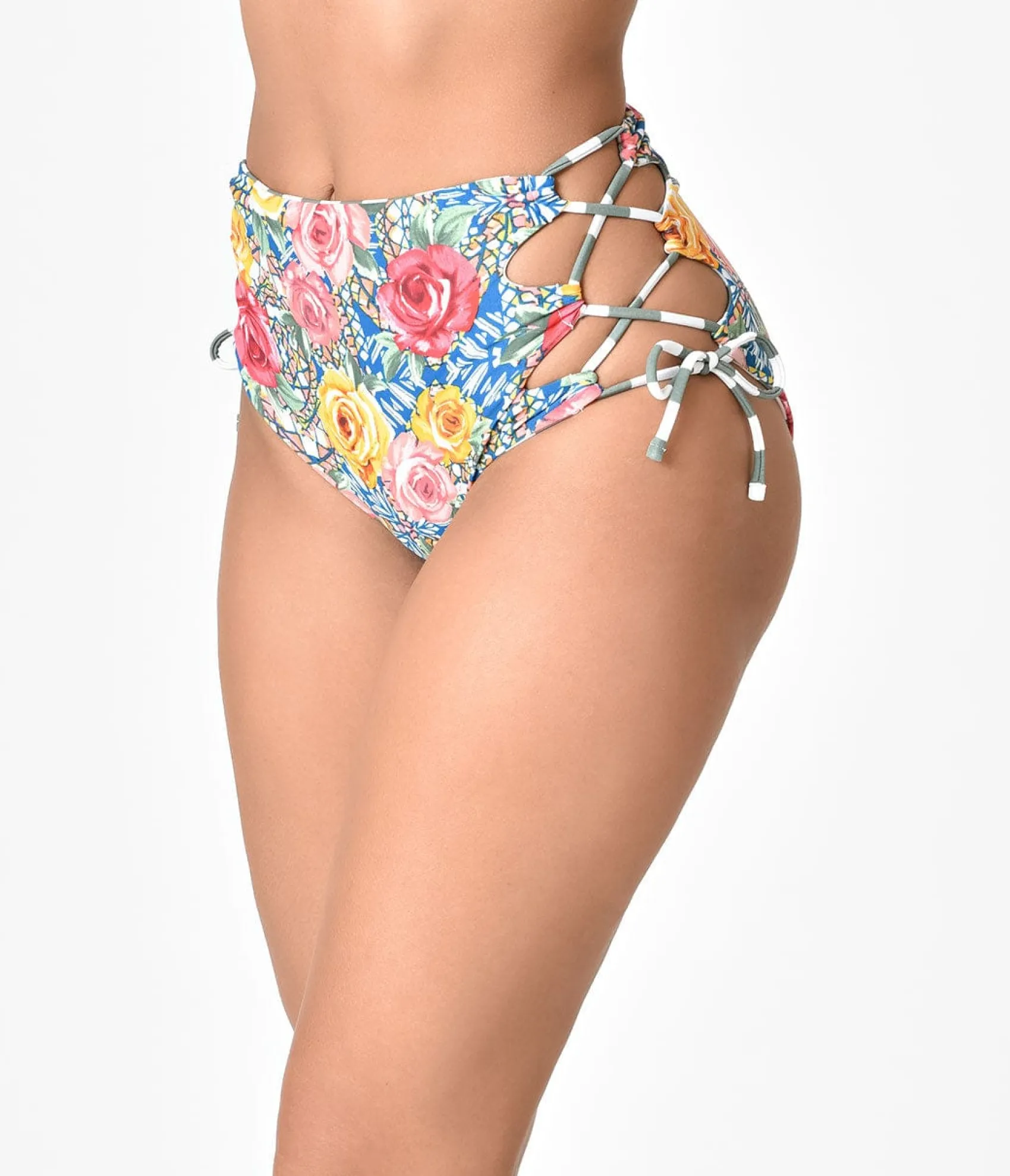 Unique Vintage Multicolor Roses Mosaic & Green Stripe Reversible Swim Bottoms Outlet