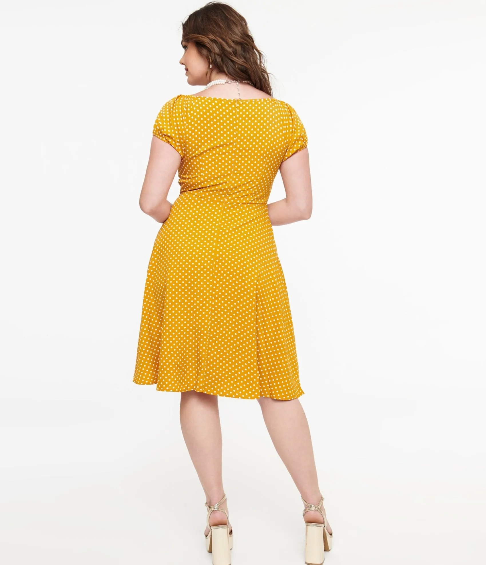 Unique Vintage Mustard & White Polka Dot Fit & Flare Dress Cheap