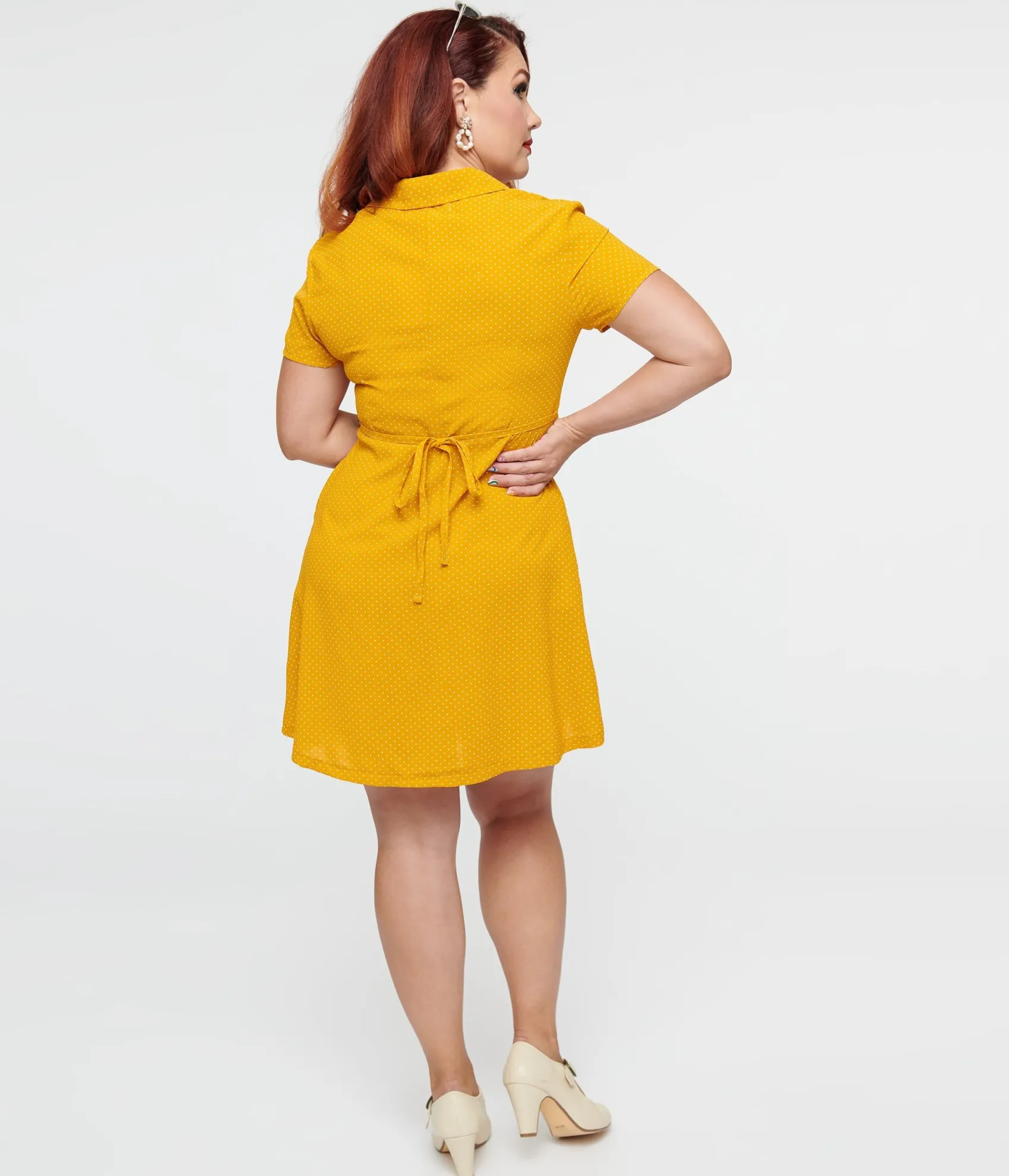 Unique Vintage Mustard Polka Dot Button Up Fit & Flare Dress Fashion