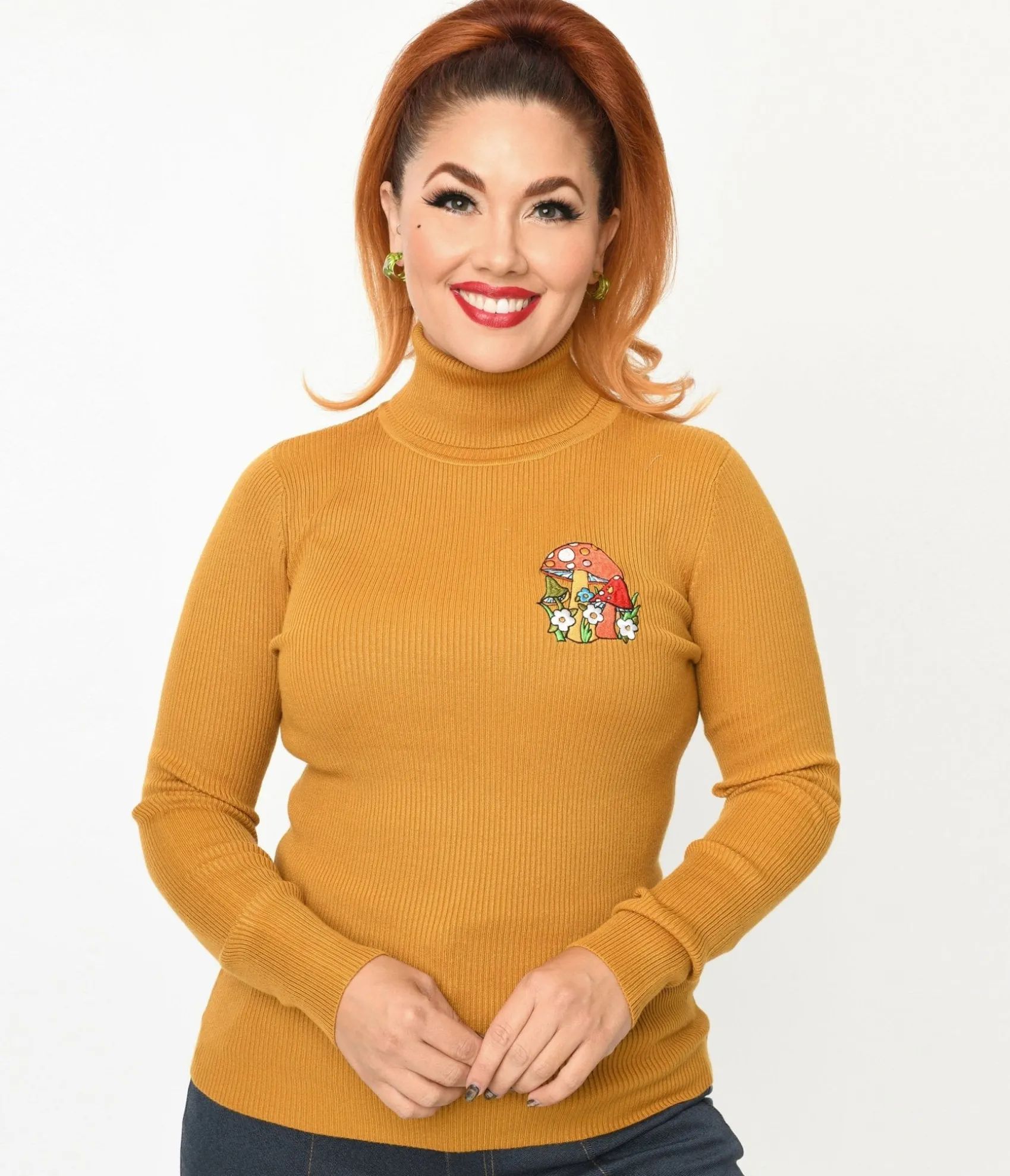 Unique Vintage Mustard Yellow Mushroom Embroidered Turtleneck Sweater Cheap