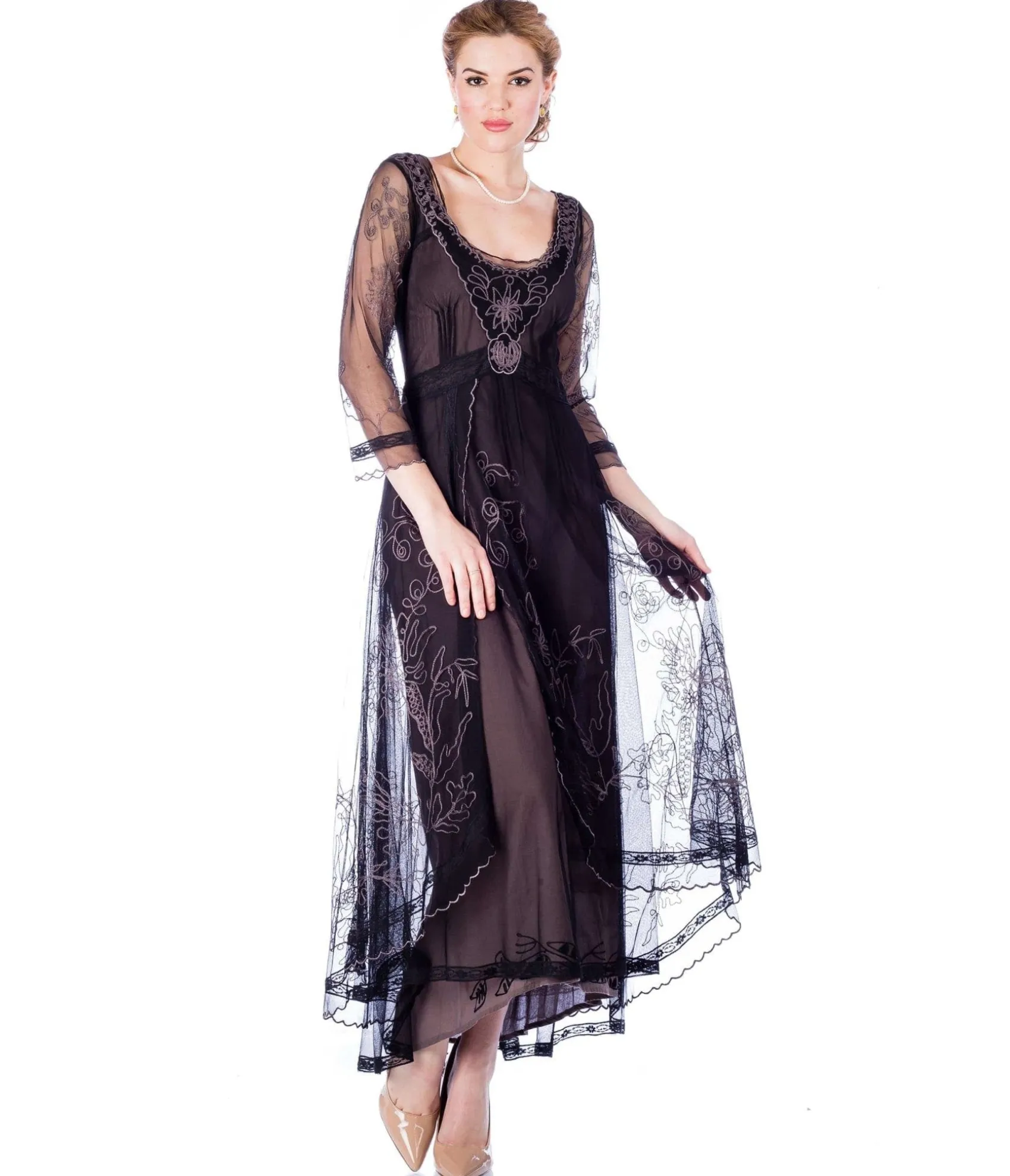 Unique Vintage Nataya Black Embroidered Tulle Downton Abbey Edwardian Tea Party Dress Online