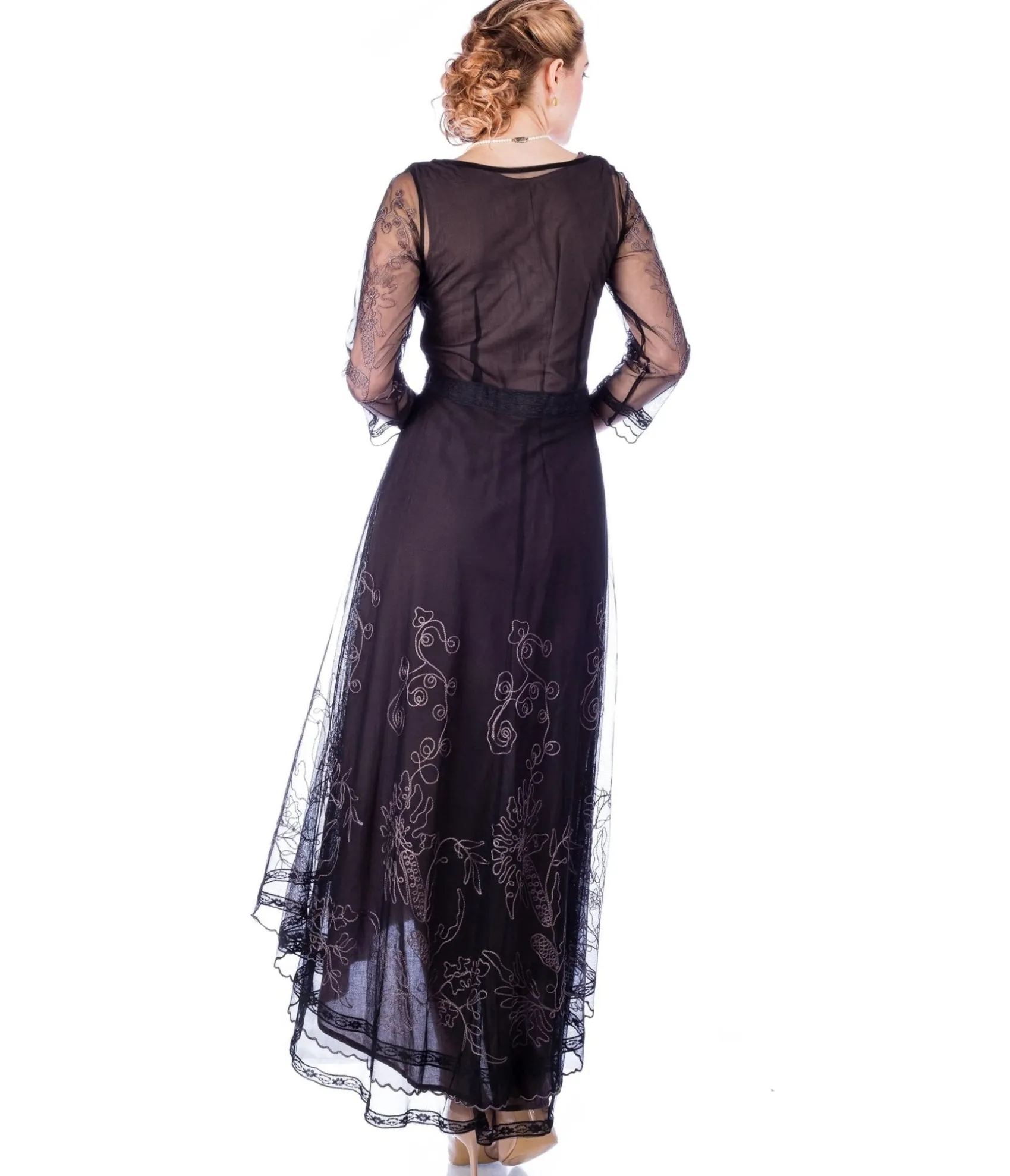 Unique Vintage Nataya Black Embroidered Tulle Downton Abbey Edwardian Tea Party Dress Online