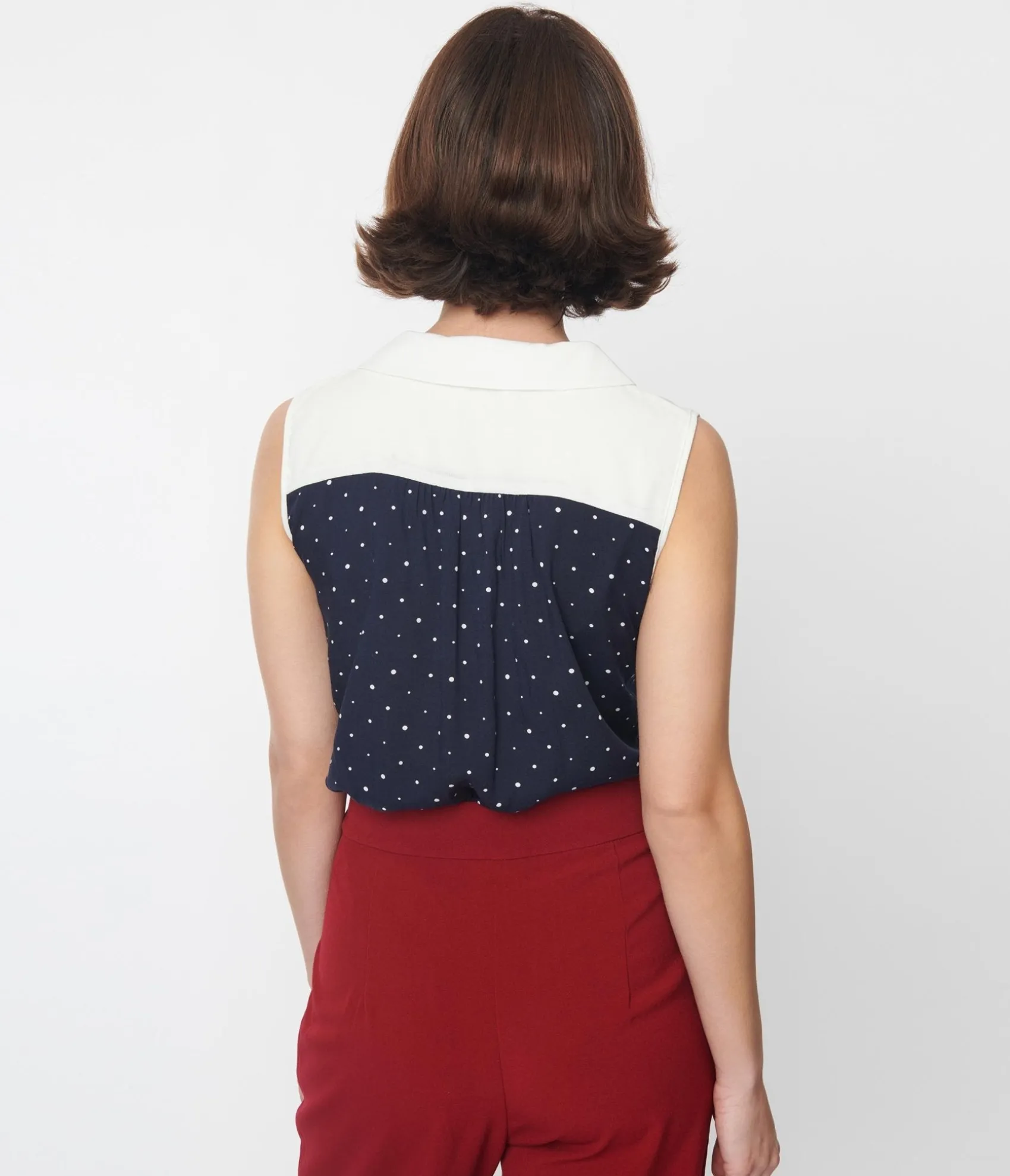 Unique Vintage Navy & Ivory Pin Dot Bow Top Clearance