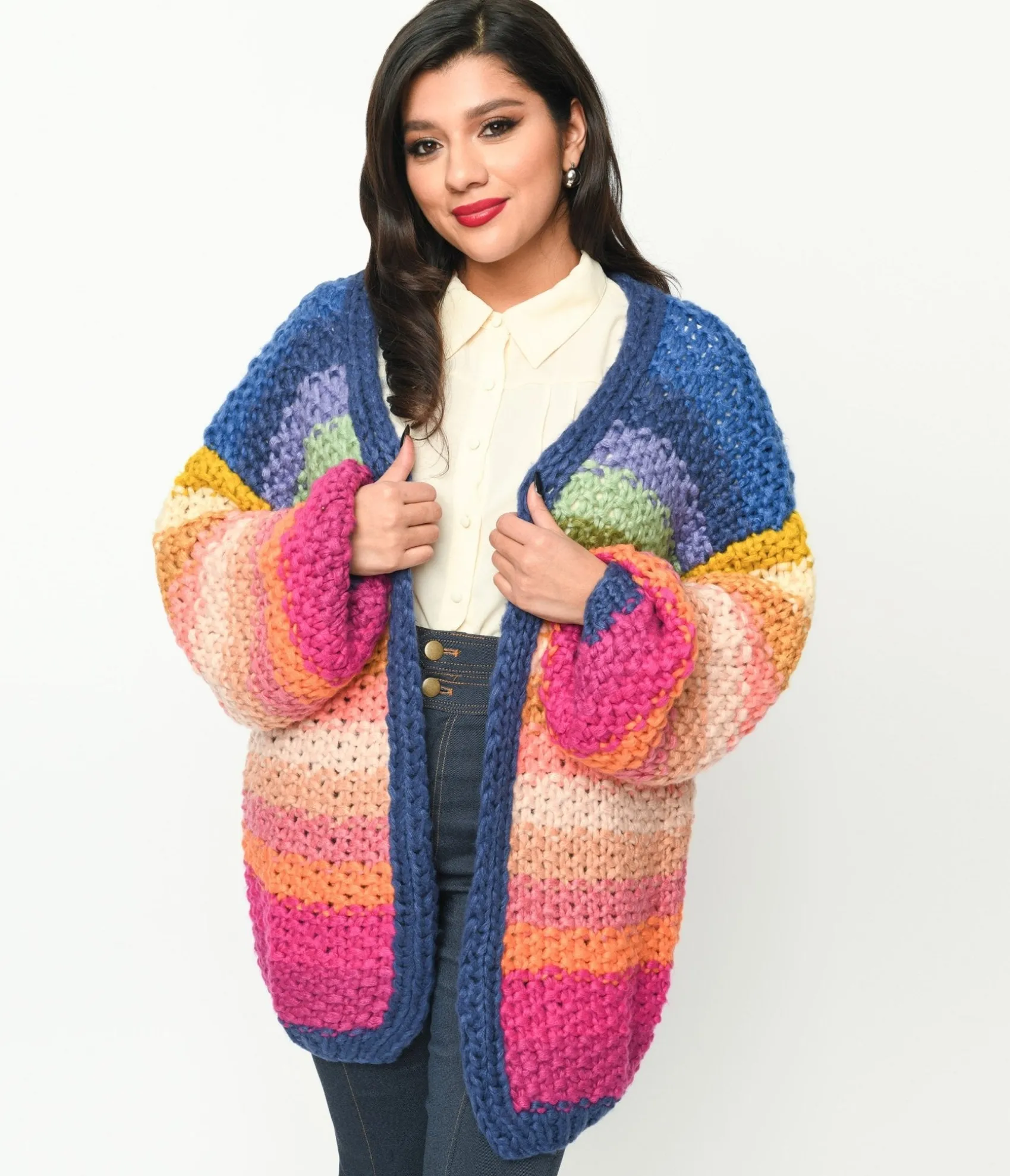 Unique Vintage Navy & Multicolor Striped Crochet Knit Open Cardigan Outlet