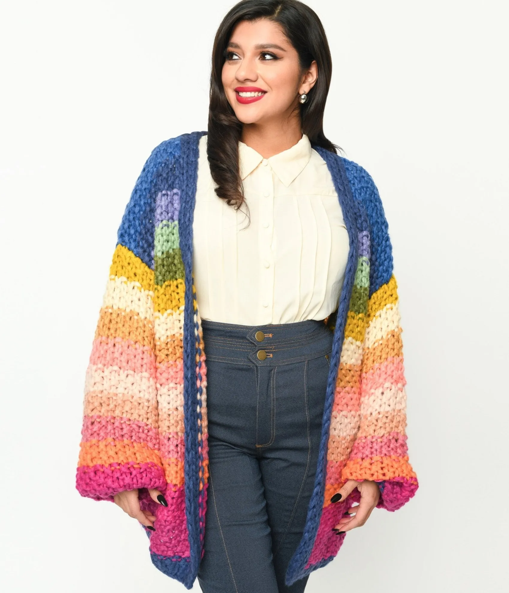 Unique Vintage Navy & Multicolor Striped Crochet Knit Open Cardigan Outlet