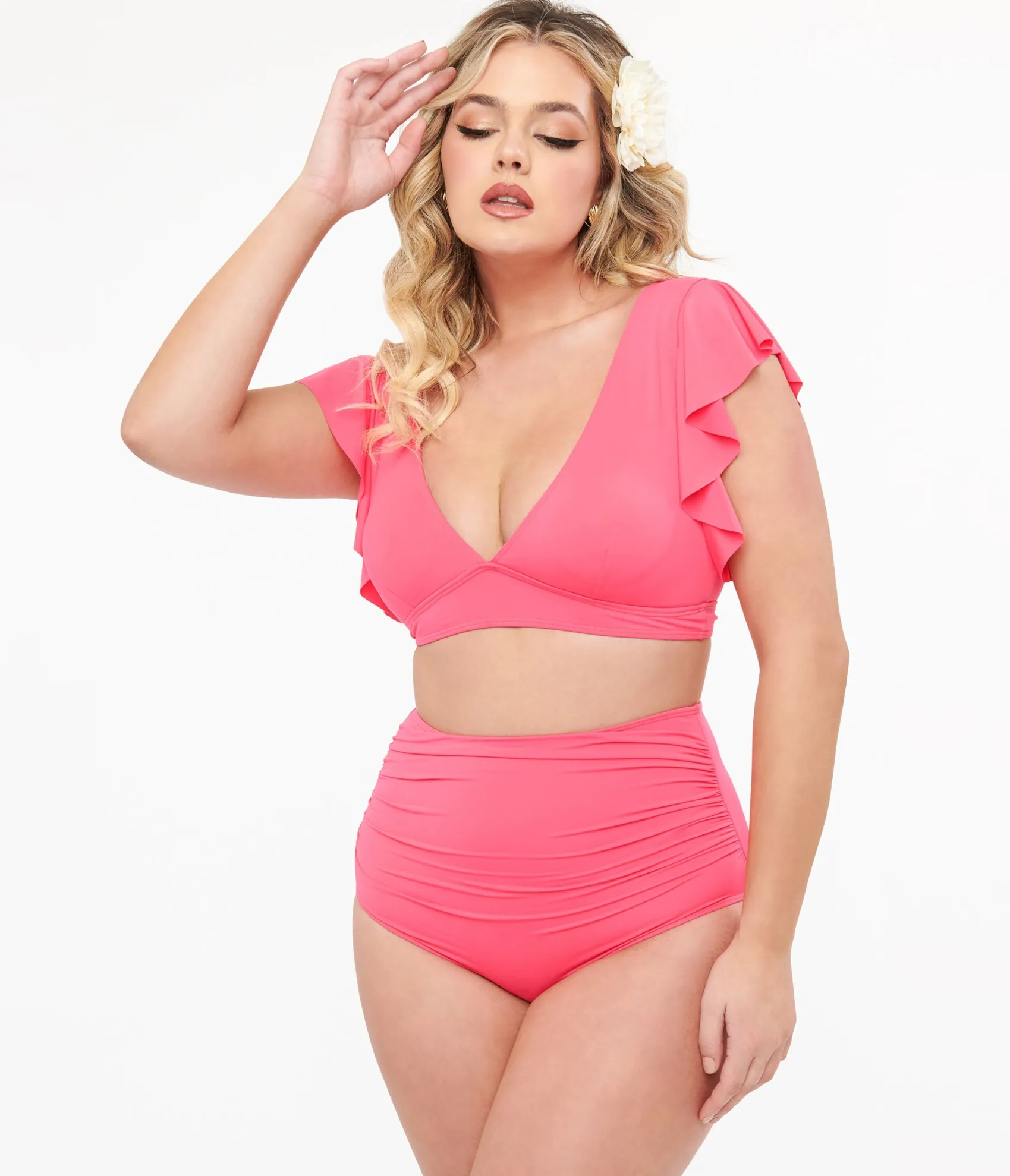 Unique Vintage Neon Pink Ruffled Sleeve Two Piece Swim Set Cheap