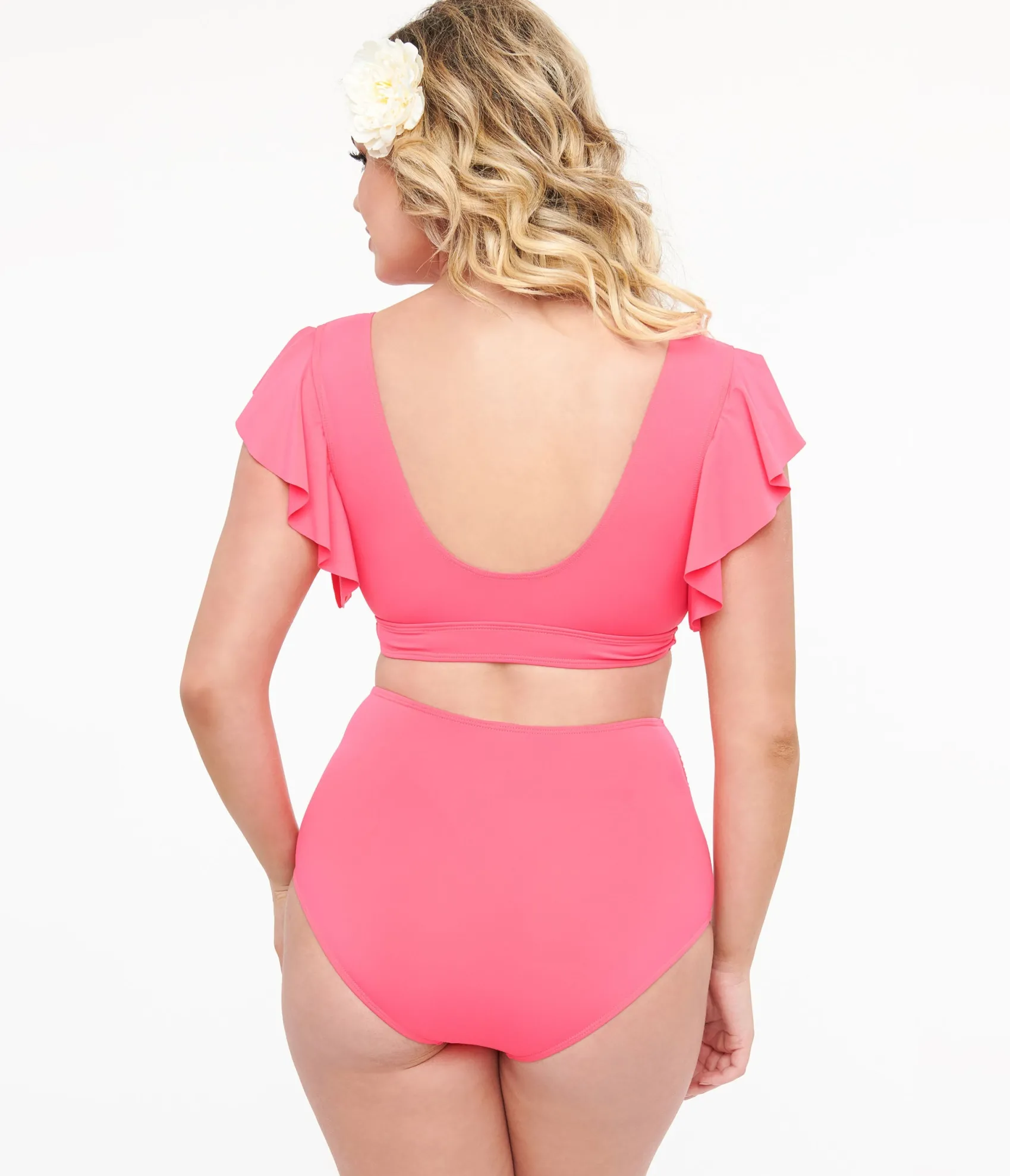 Unique Vintage Neon Pink Ruffled Sleeve Two Piece Swim Set Cheap