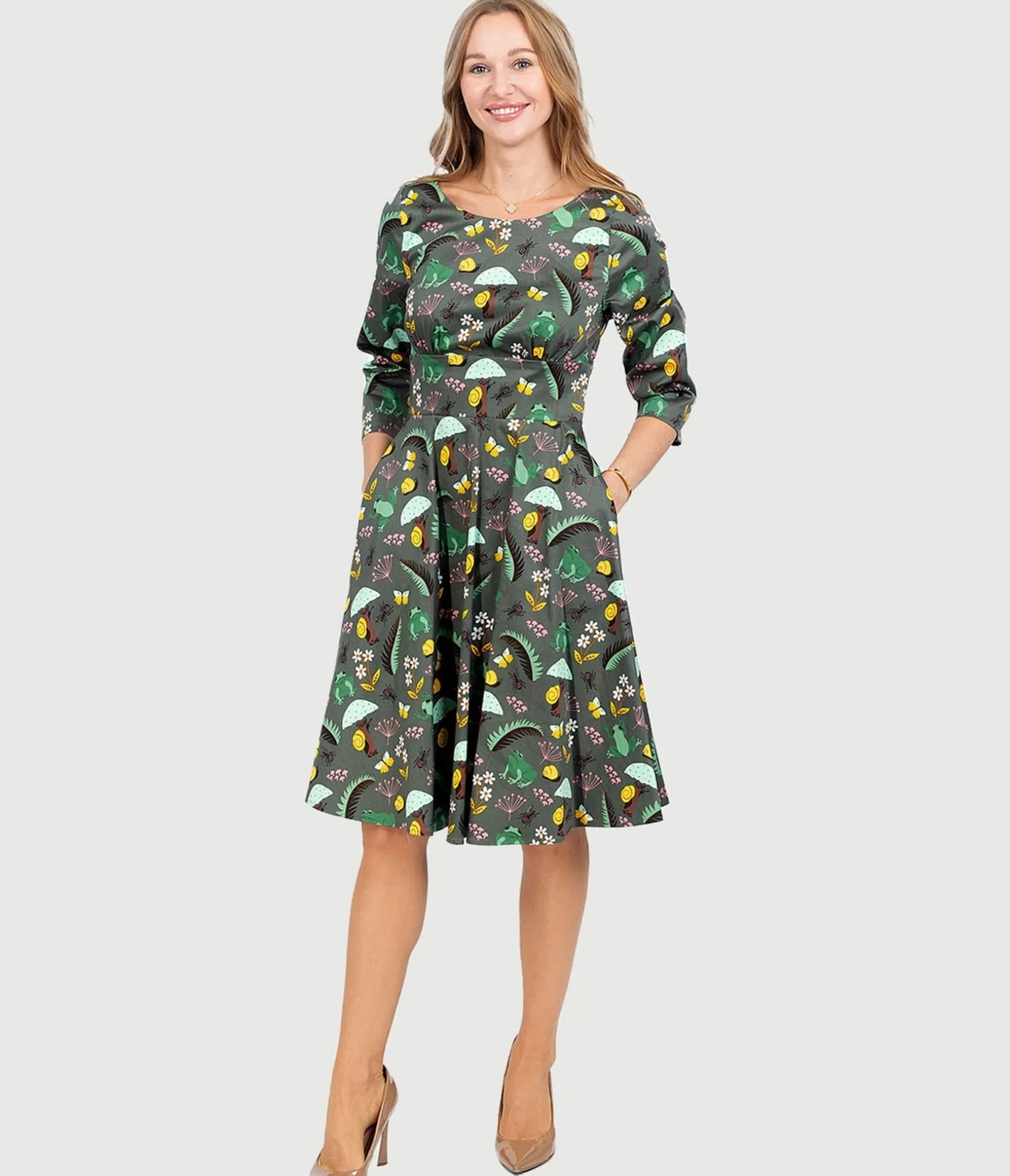 Unique Vintage Olive Green & Rain Forest Print Fit & Flare Dress Store