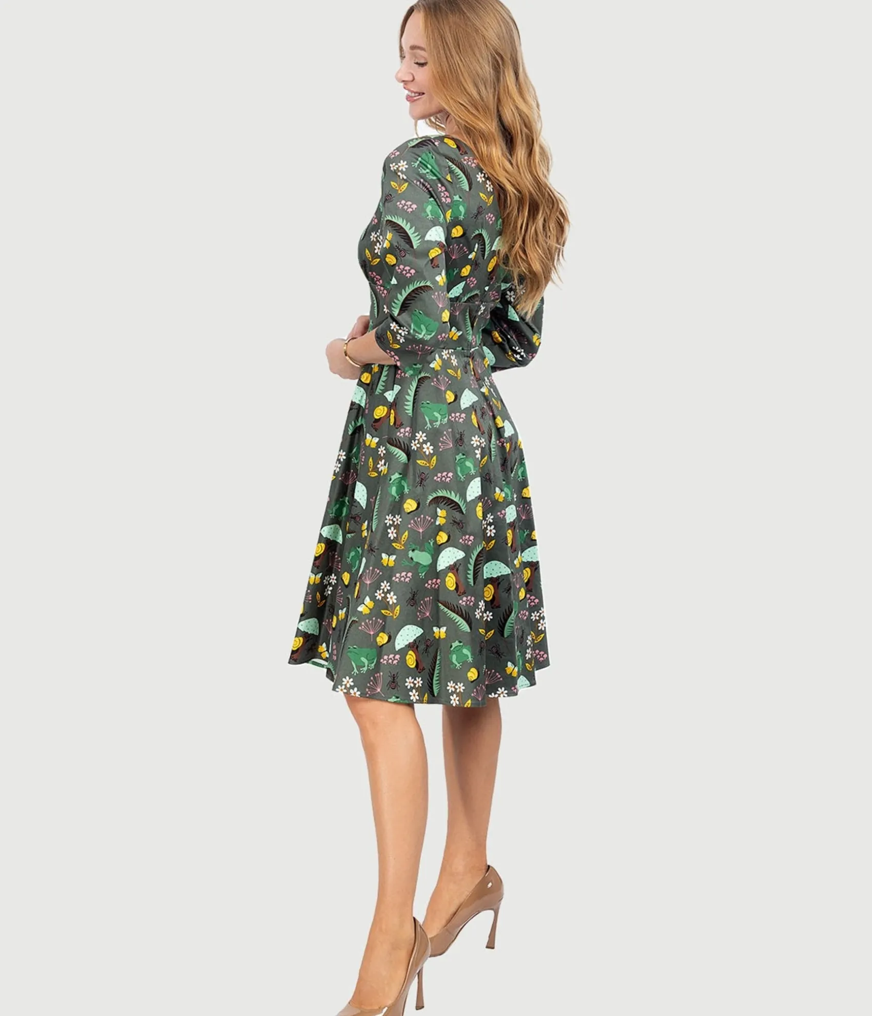 Unique Vintage Olive Green & Rain Forest Print Fit & Flare Dress Store