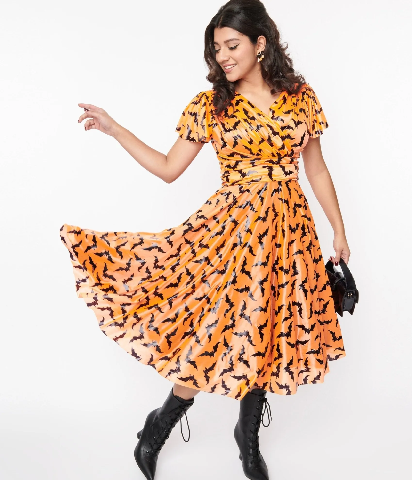 Unique Vintage Orange & Black Bat Midori Swing Dress Shop