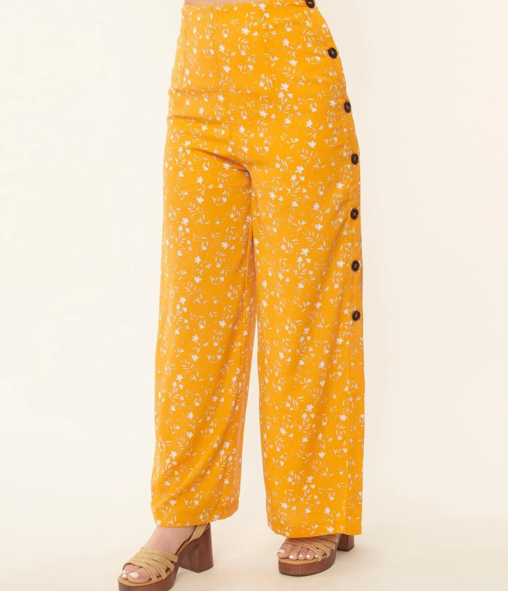 Unique Vintage Orange & White Floral Side Button Pants Cheap