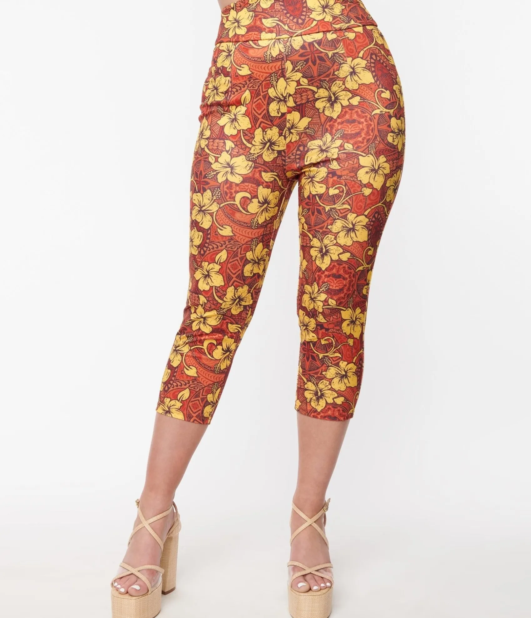 Unique Vintage Orange & Yellow Tropical Floral Mimosa Capris Best