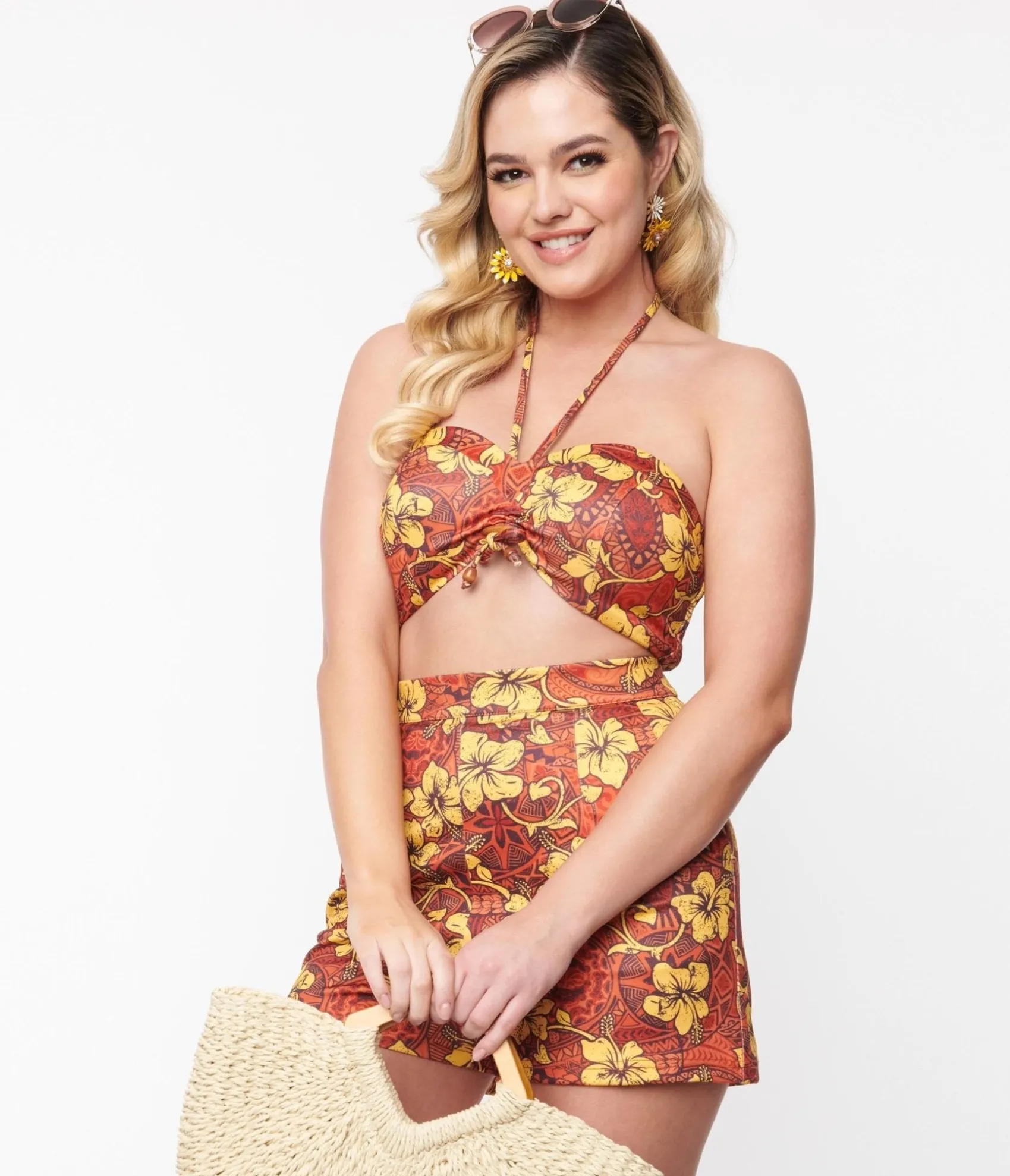 Unique Vintage Orange & Yellow Tropical Floral Mimosa Tube Top Outlet