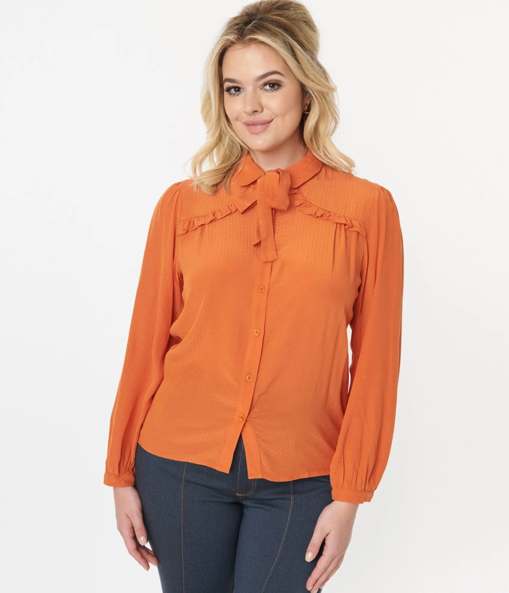 Unique Vintage Orange Ruffle Yoke Bow Blouse New