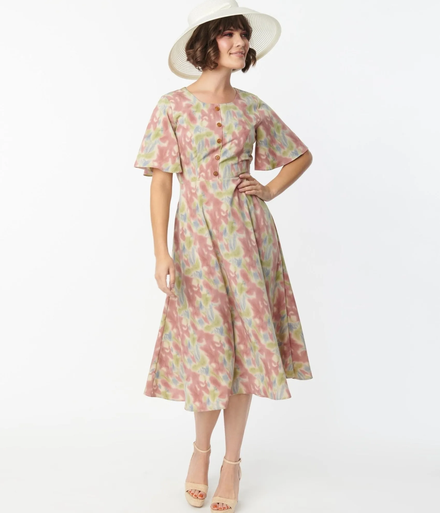 Unique Vintage Pink & Blue Watercolor Pattern Festival Midi Dress Sale