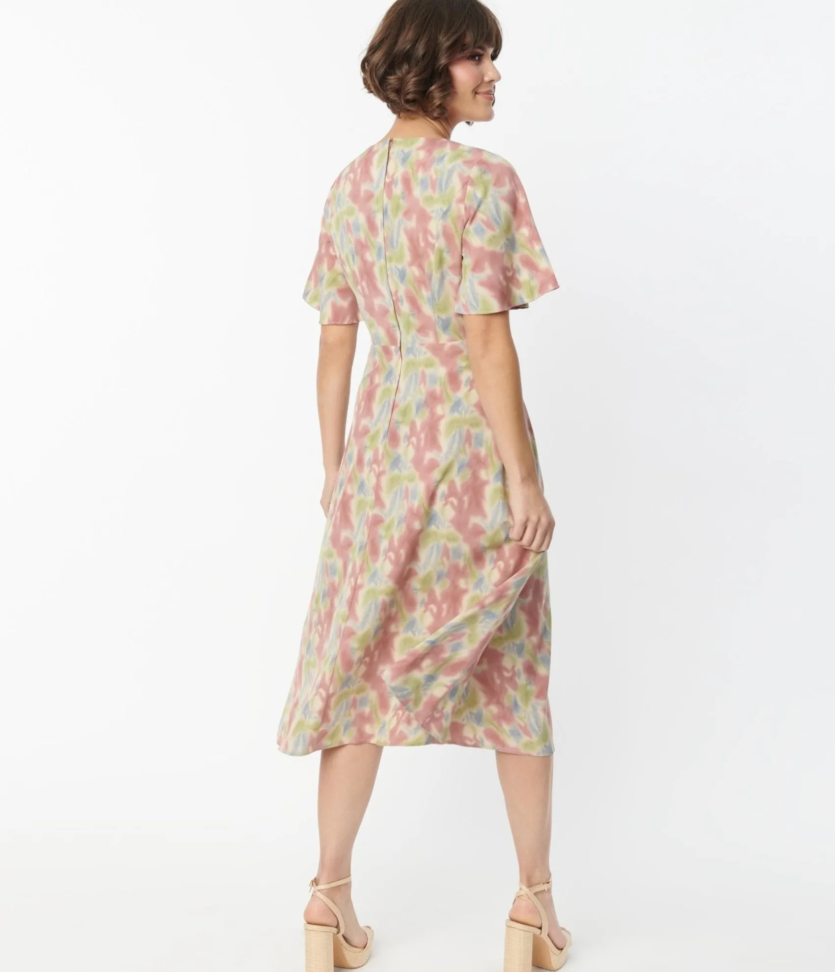 Unique Vintage Pink & Blue Watercolor Pattern Festival Midi Dress Sale