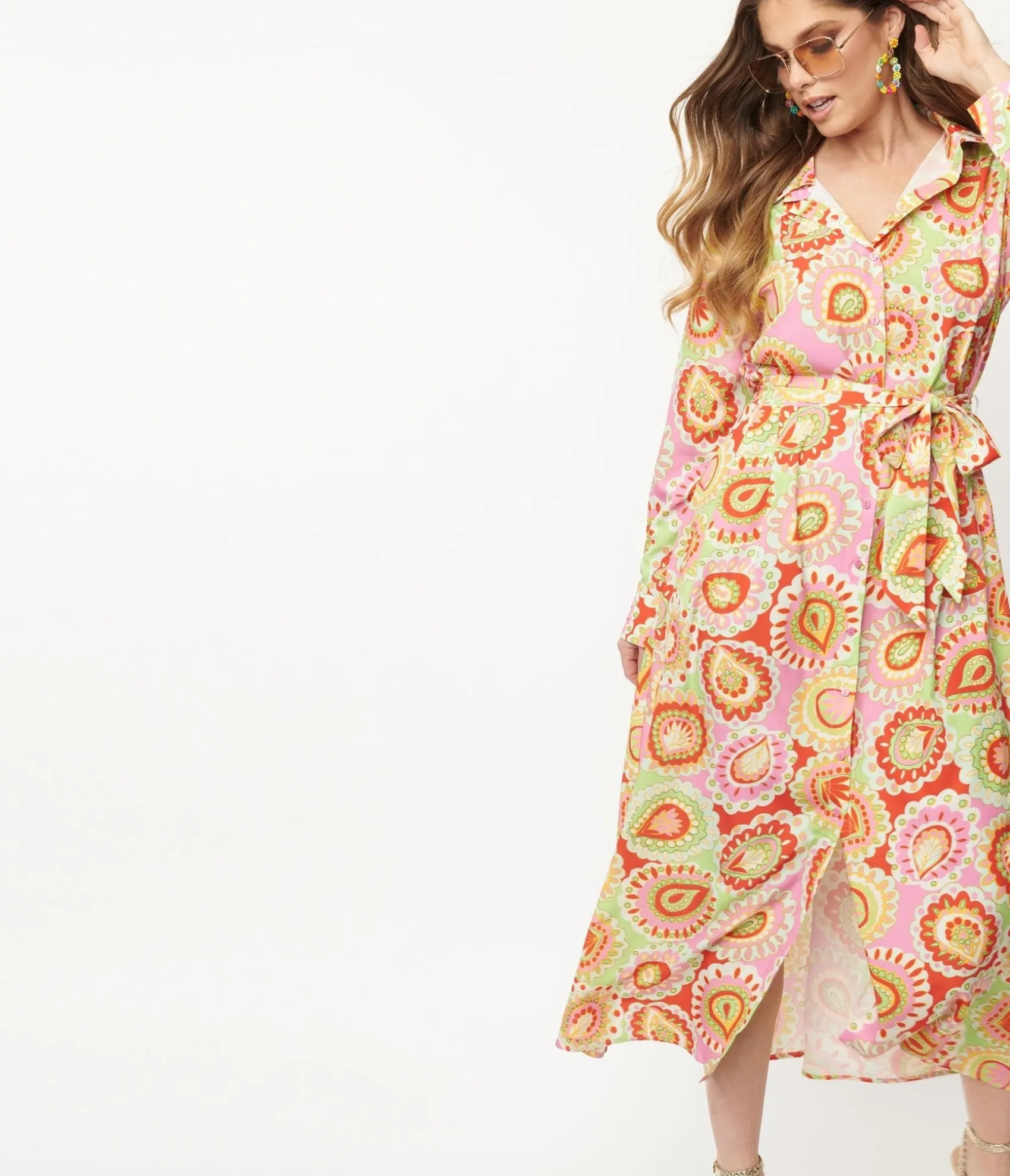 Unique Vintage Pink & Green Paisley Print Midi Shirtdress Hot