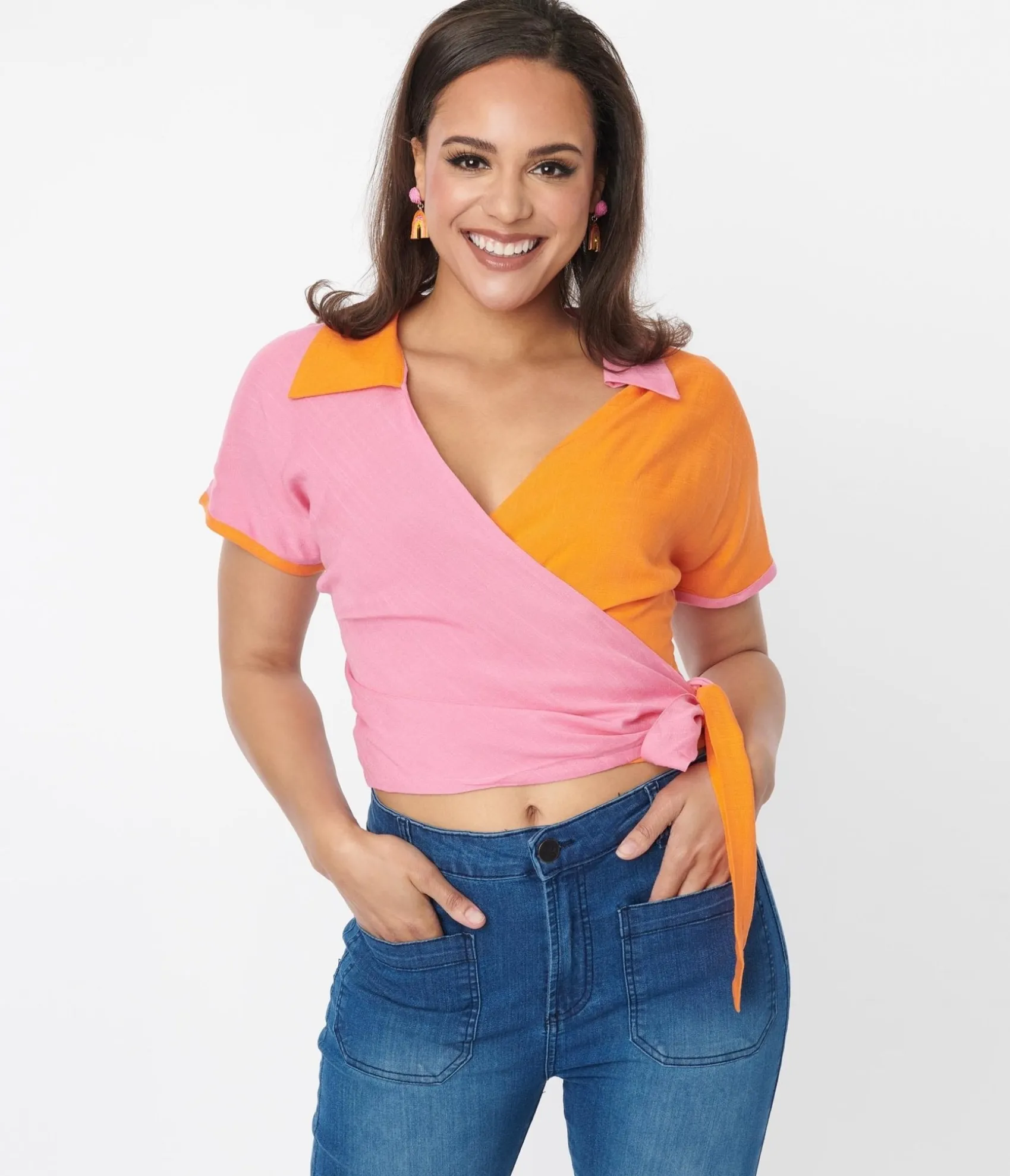 Unique Vintage Pink & Orange Colorblock Surplice Wrap Top Cheap