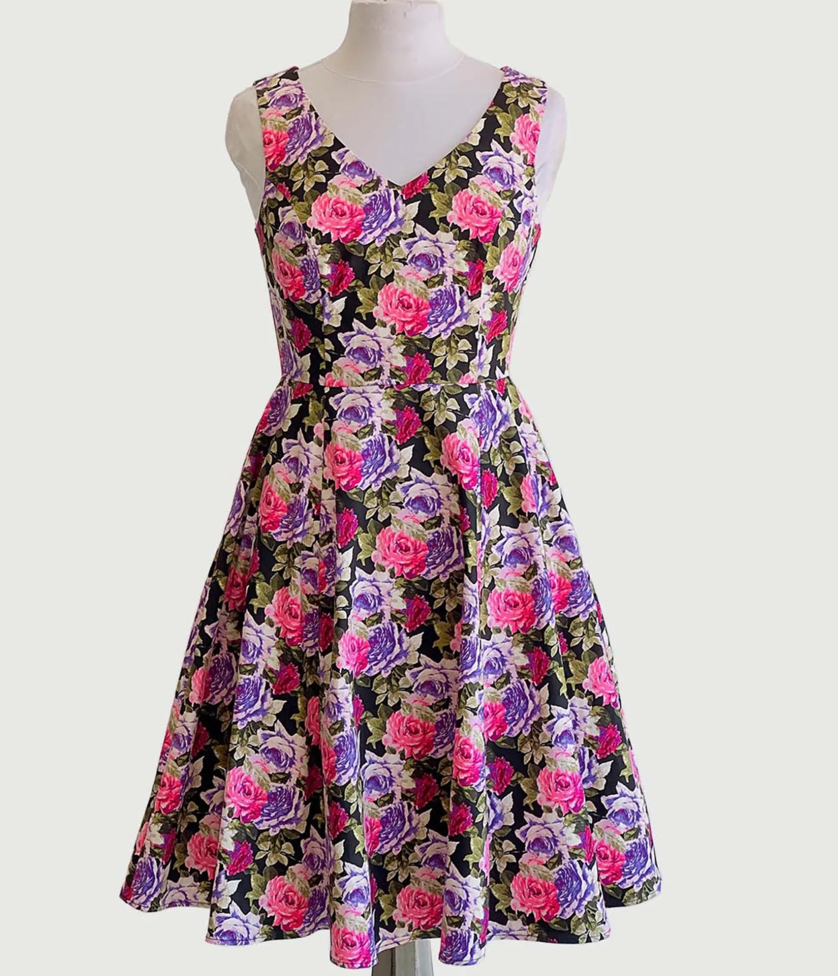 Unique Vintage Pink & Purple Roses Swing Dress Cheap