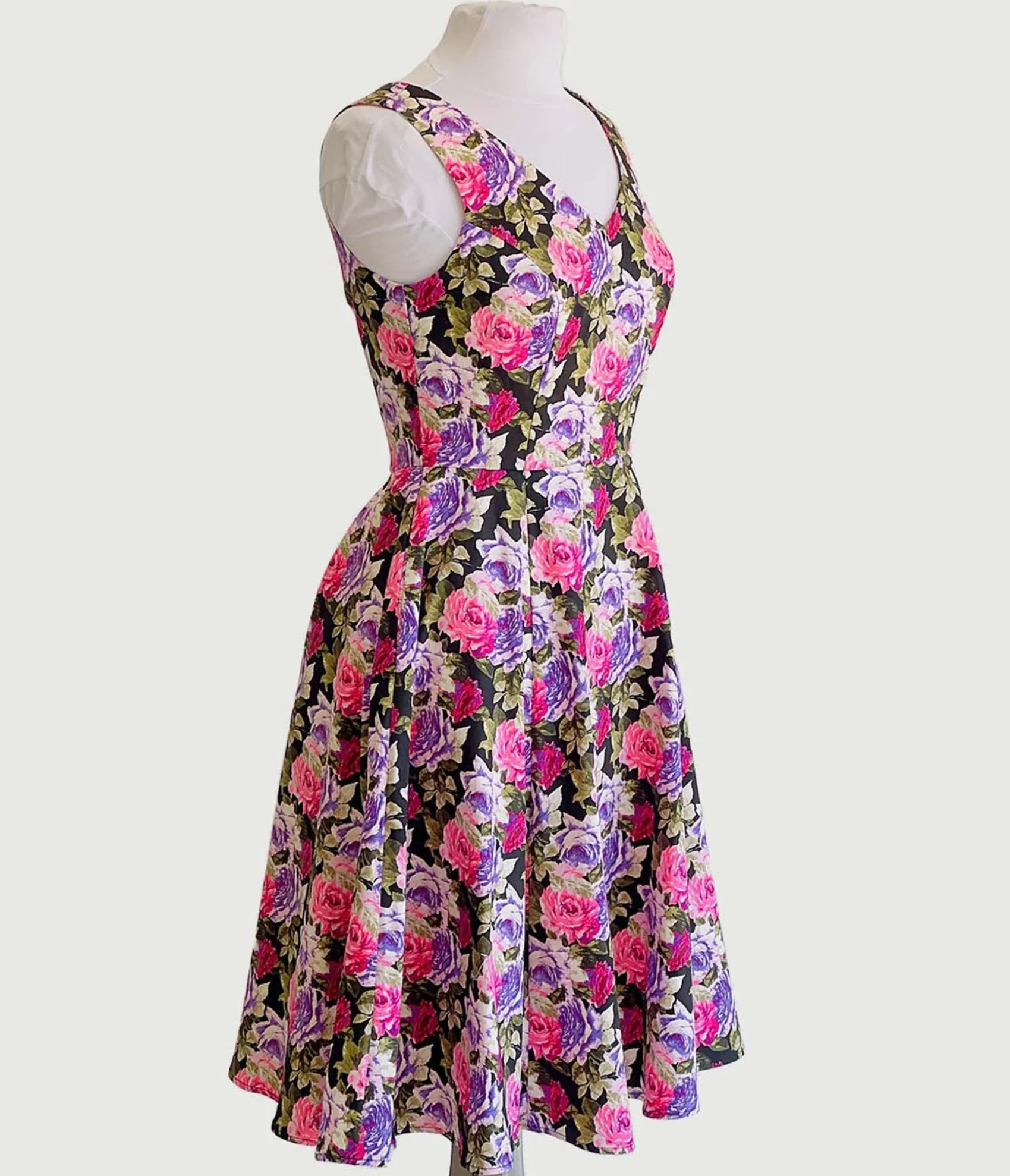 Unique Vintage Pink & Purple Roses Swing Dress Cheap