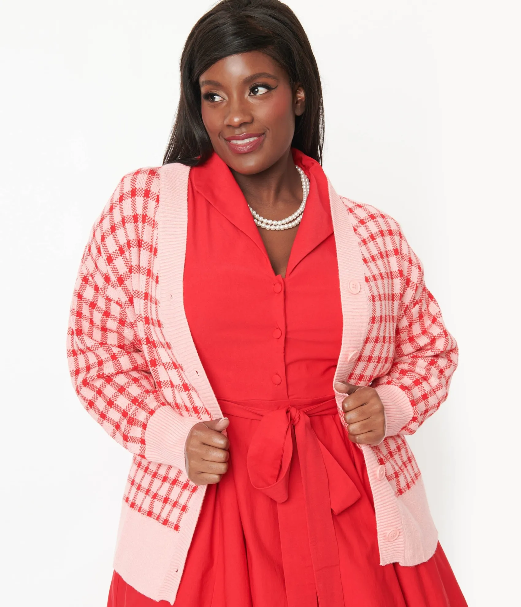 Unique Vintage Pink & Red Checkered Cardigan Best