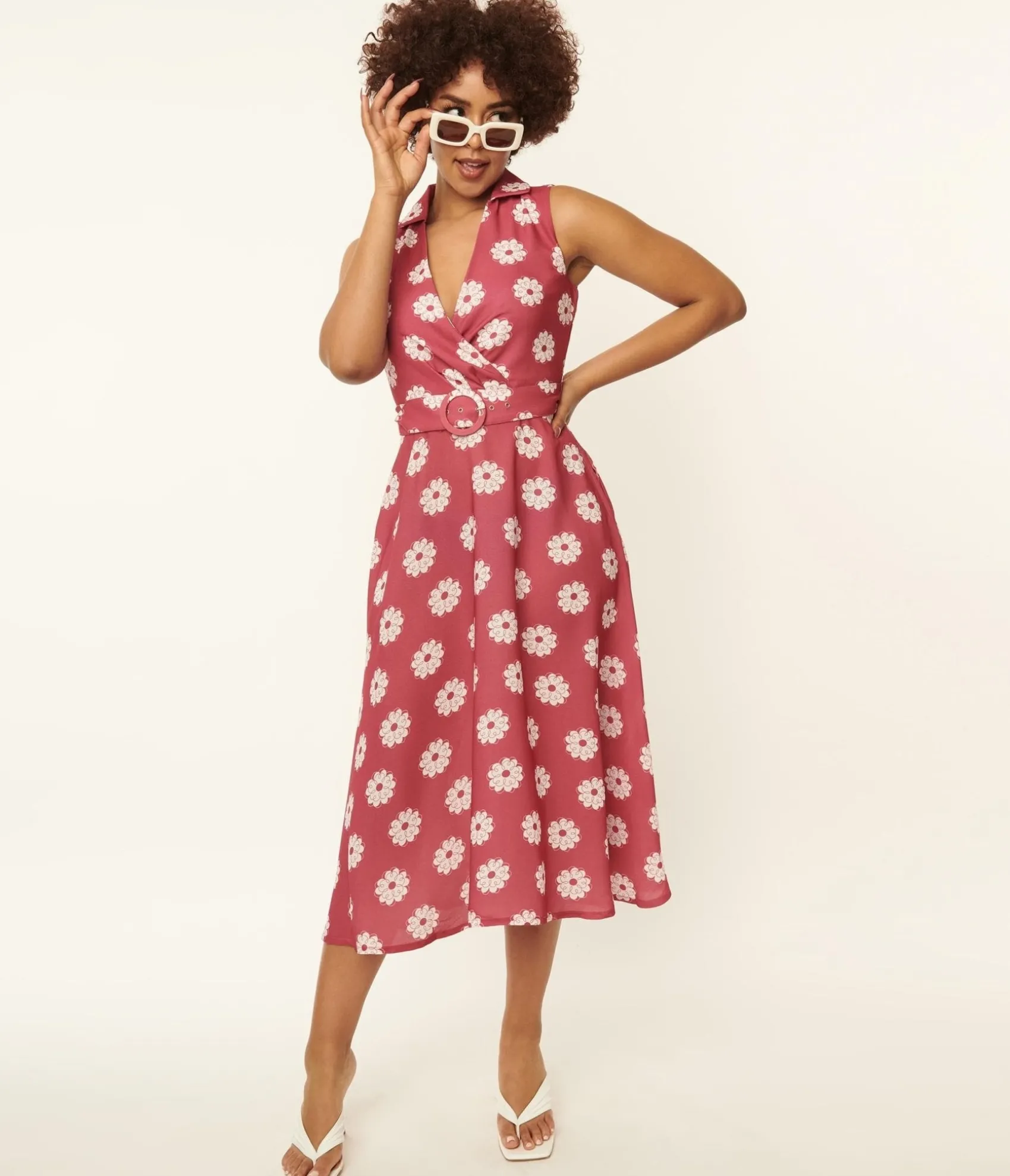 Unique Vintage Pink & White Floral Print Midi Dress Best Sale