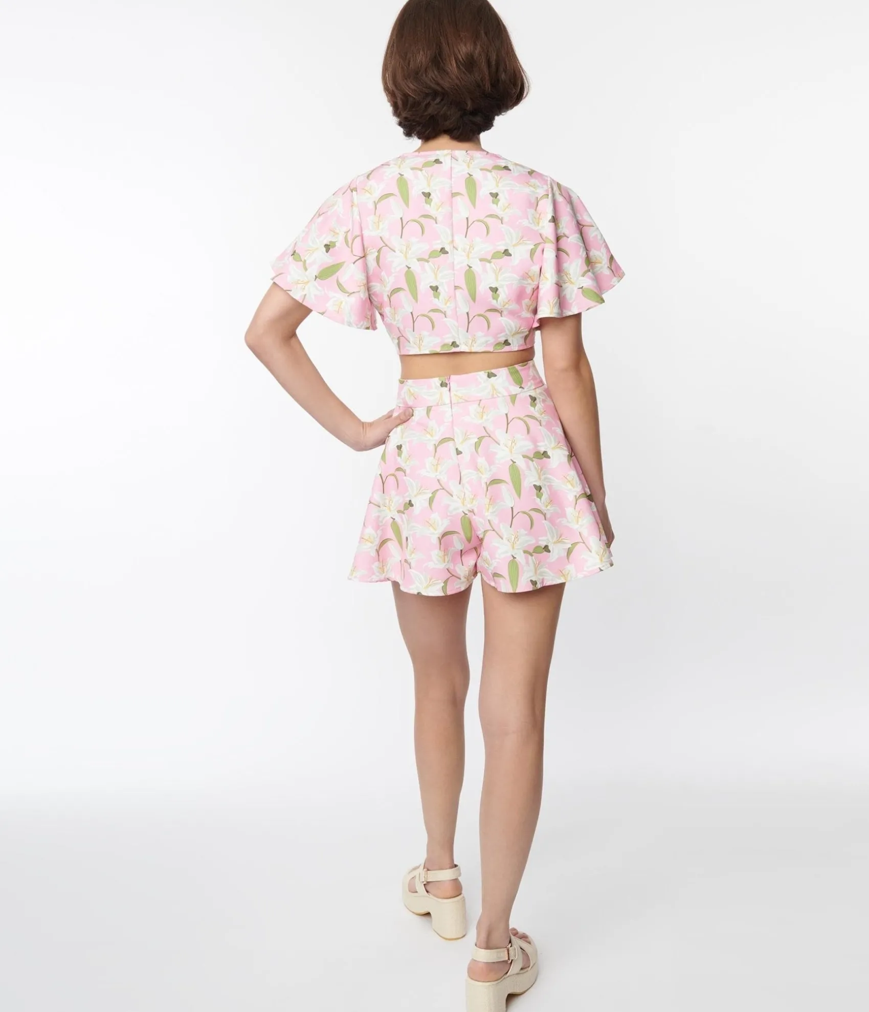 Unique Vintage Pink & White Lilies Bama Breeze Top & Shorts Set Discount