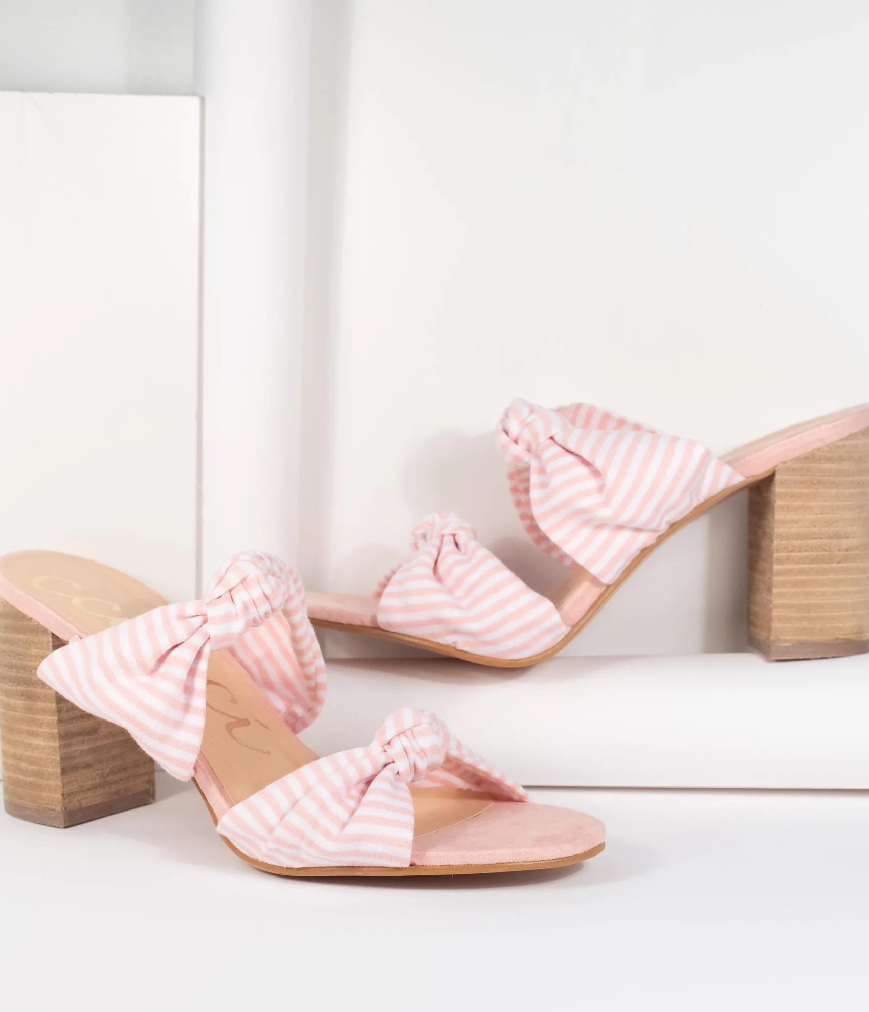 Unique Vintage Pink & White Stripe Block Heel Sandal Clearance